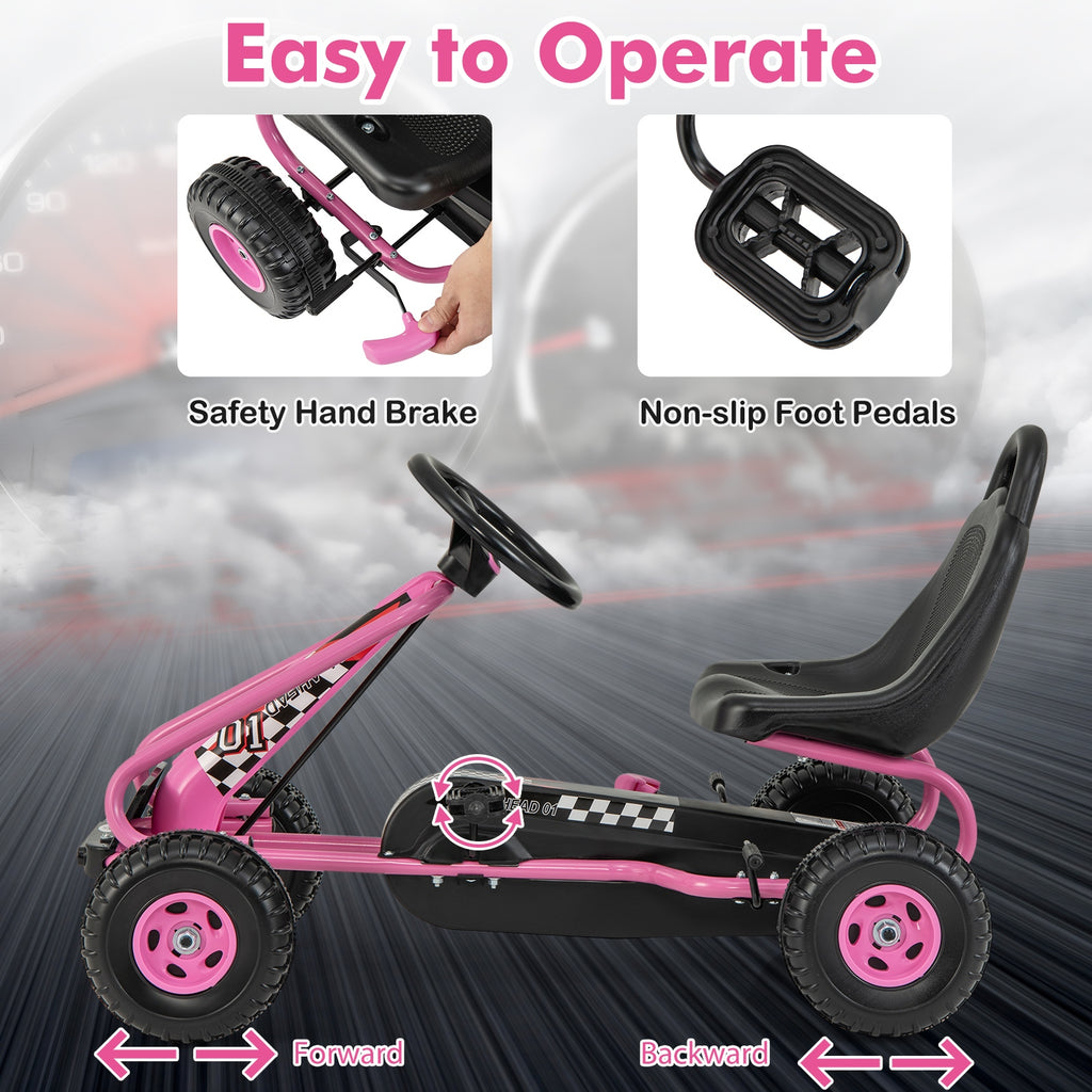 Kids Pedal Go Kart 4-Wheel Ride On Car Adjustable Seat Handbrake Non-Slip Wheels No Battery Outdoor Racing Toy Boys Girls Ages 3 4 5 6 Birthday Christmas Gift