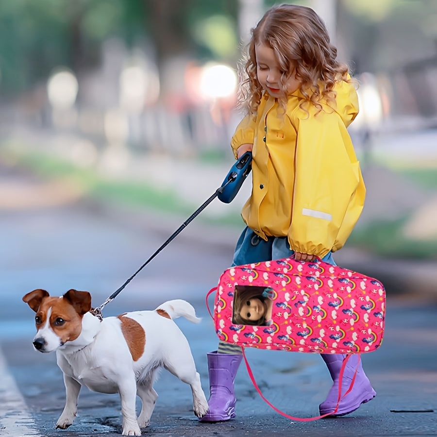 18 Inch Doll Travel Bag Unicorn Rainbow Print – Pink Large Capacity Multi-Pocket Crossbody Carrier Bag for 18 Inch Dolls & Accessories, Gift for Girls Ages 3+