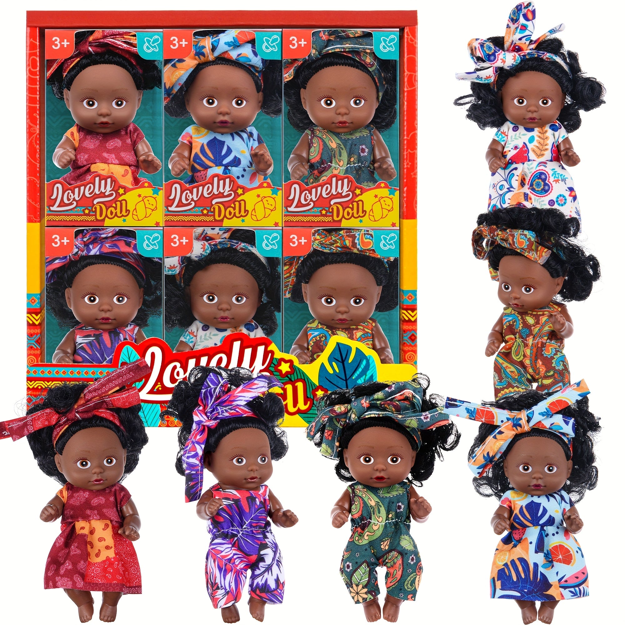 Black Baby Dolls 6 Pack Mini 4.5 Inch Curly Hair Flower Pajamas Poseable Head Hands Feet Gift Box Set Kids Birthday Christmas Holiday Gift Ages 3+