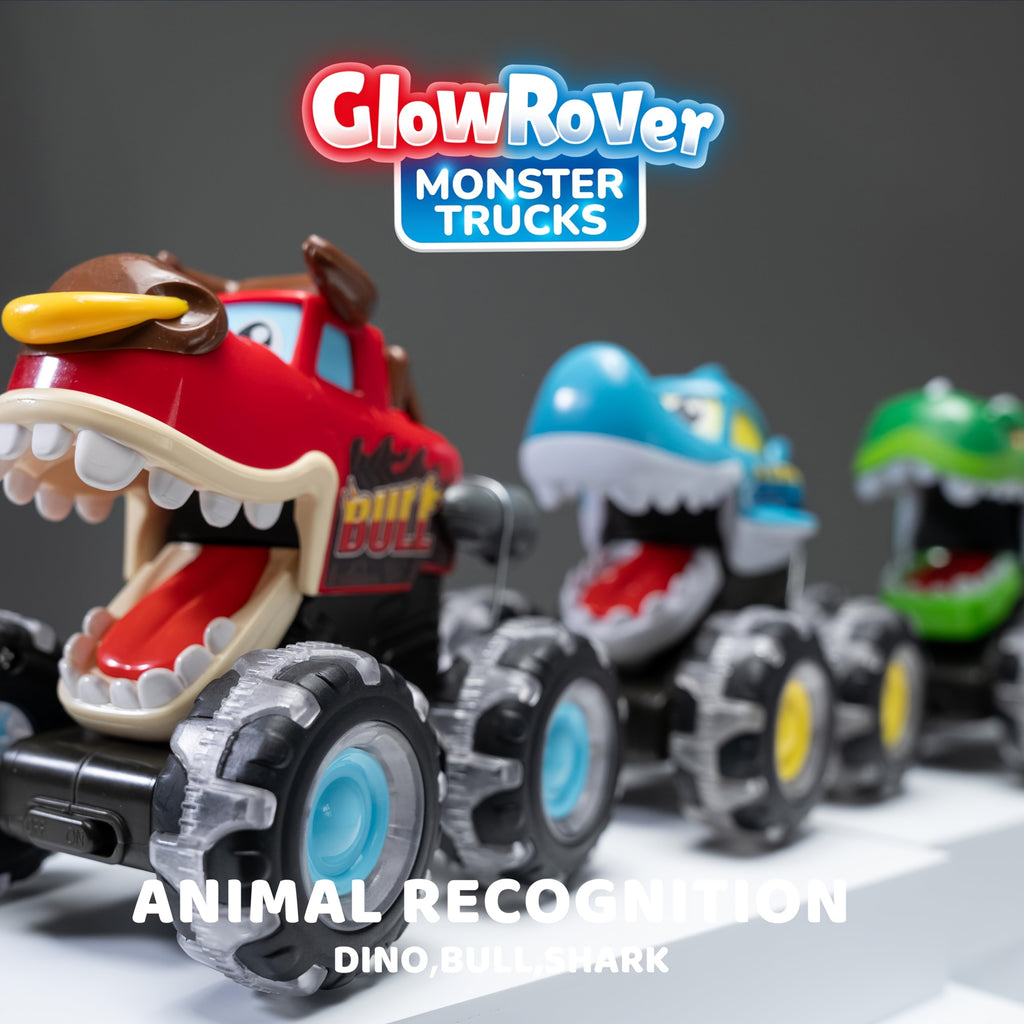 Monster Truck Toys for Toddlers 3 Pack – LED Light-Up Animal Trucks with Press & Go, Chomping Action – Shark, Bull & T-Rex Glow Cars, Easter Birthday Gift for Boys & Girls Ages 1.5+