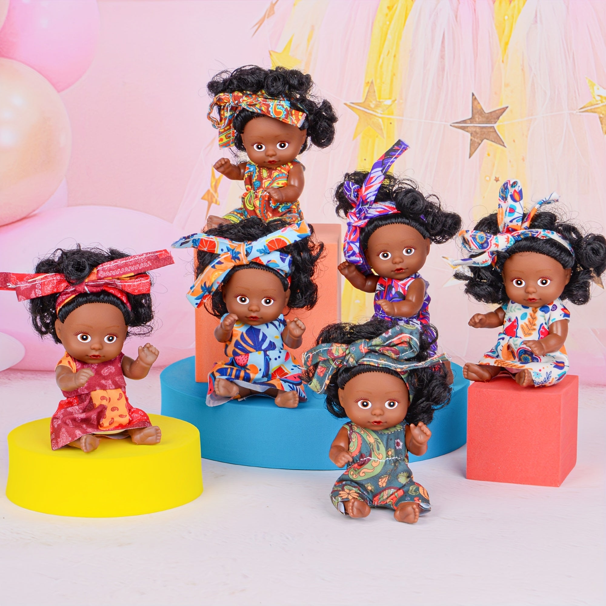 Miniature Girl Dolls Set of 6 – 4 Inch Articulated Poseable Fashion Dolls with Vibrant Outfits & Headscarves Realistic Collectible Mini Dolls Gift for Girls Ages 3+