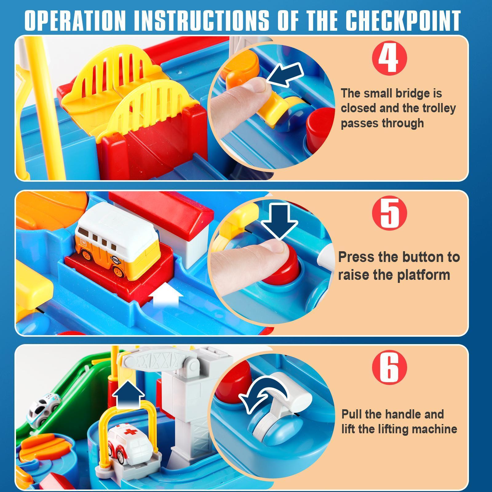 Kids Manual Race Track Playset 8-Level with 6 Mini Cars – Car Adventure Toy with Helicopter, Parking Lot, Sliding Rail & Checkpoint, No Battery Needed, Birthday Gift for Boys Girls Toddlers