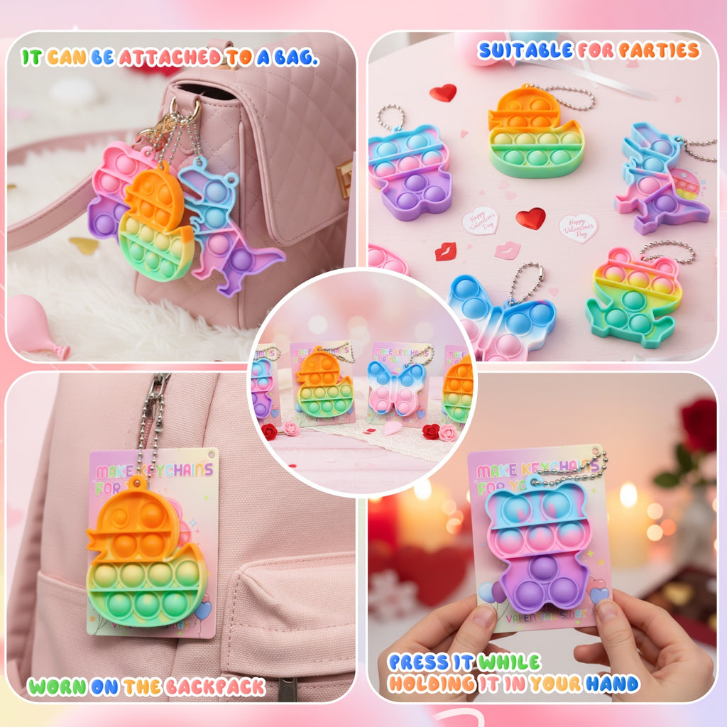 Animal Press Fidget Toy Set 32 or 36pcs with Keychain Pendant – 8 Cute Styles Bulk Party Favors for Kids, Classroom Rewards, Birthday Valentine’s Day Easter Gift