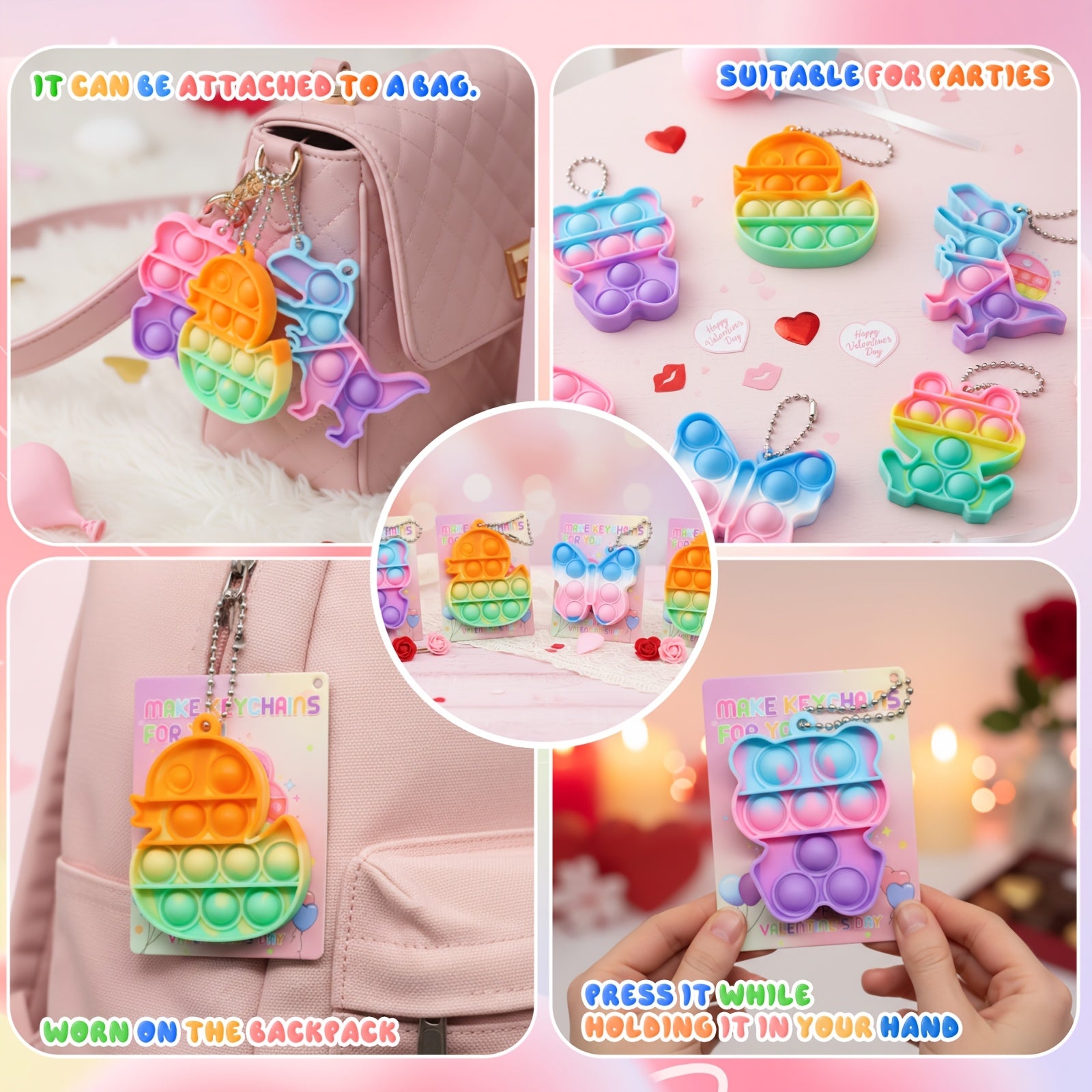 Animal Press Fidget Toy Set 32 or 36pcs with Keychain Pendant – 8 Cute Styles Bulk Party Favors for Kids, Classroom Rewards, Birthday Valentine’s Day Easter Gift