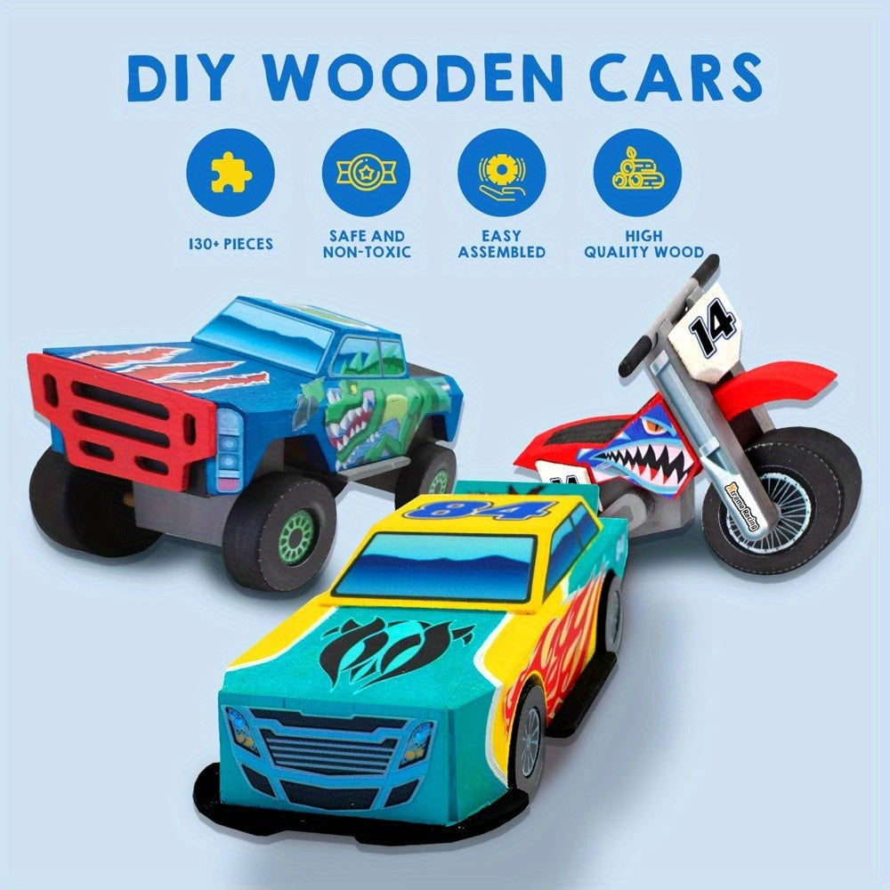 Build & Paint Your Own Wooden Race Car Craft Kit 144 Pieces with Race Car Motorcycle Monster Truck 12 Paint Colors Decals STEM Toy Gift for Kids Boys