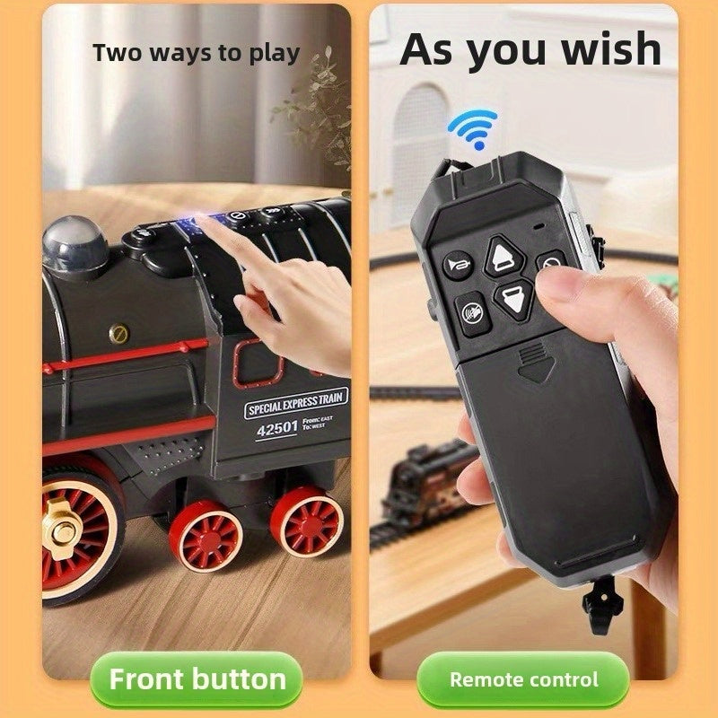 T627A Retro Steam Train Set with LED Lights, Smoke Spray & Realistic Sound Effects – 7-Piece USB Rechargeable Electric Train Toy Gift