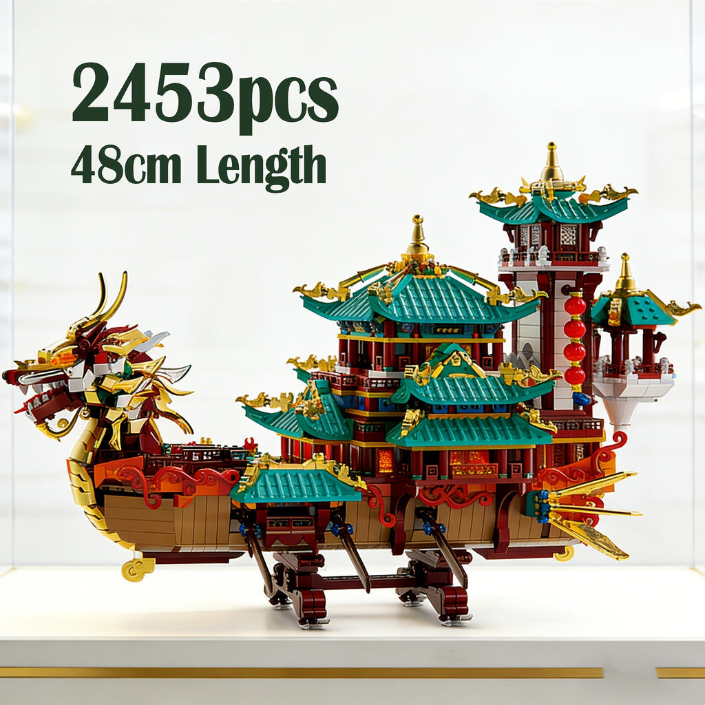 2453-Piece Dragon Boat Building Block Set Large Scale Chinese Dragon Boat Festival Model Kit - ABS Bricks Medium Difficulty, Unique Cultural Display Piece, Gift for Adults Teens Collectors