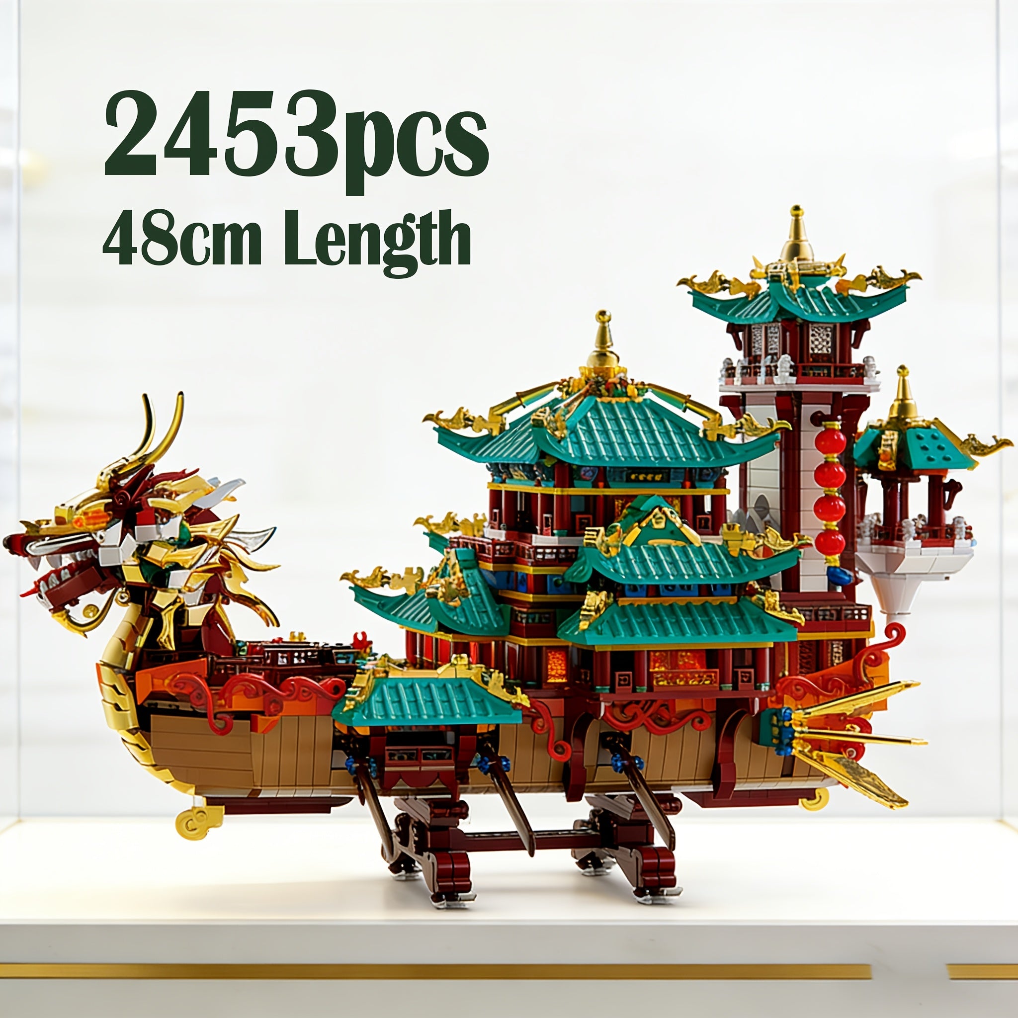 2453-Piece Dragon Boat Building Block Set Large Scale Chinese Dragon Boat Festival Model Kit - ABS Bricks Medium Difficulty, Unique Cultural Display Piece, Gift for Adults Teens Collectors