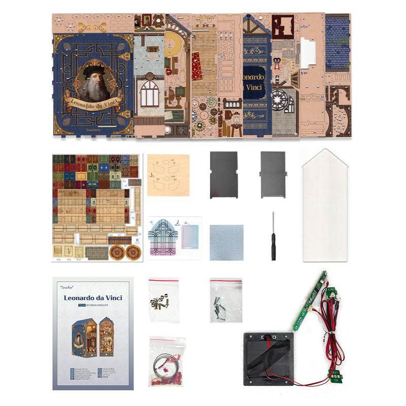 Leonardo da Vinci Book Nook Kit by Tonecheer, DIY 3D Wooden Puzzle Bookshelf Insert with LED Lights and Dust Cover for Adult Craft Gifts