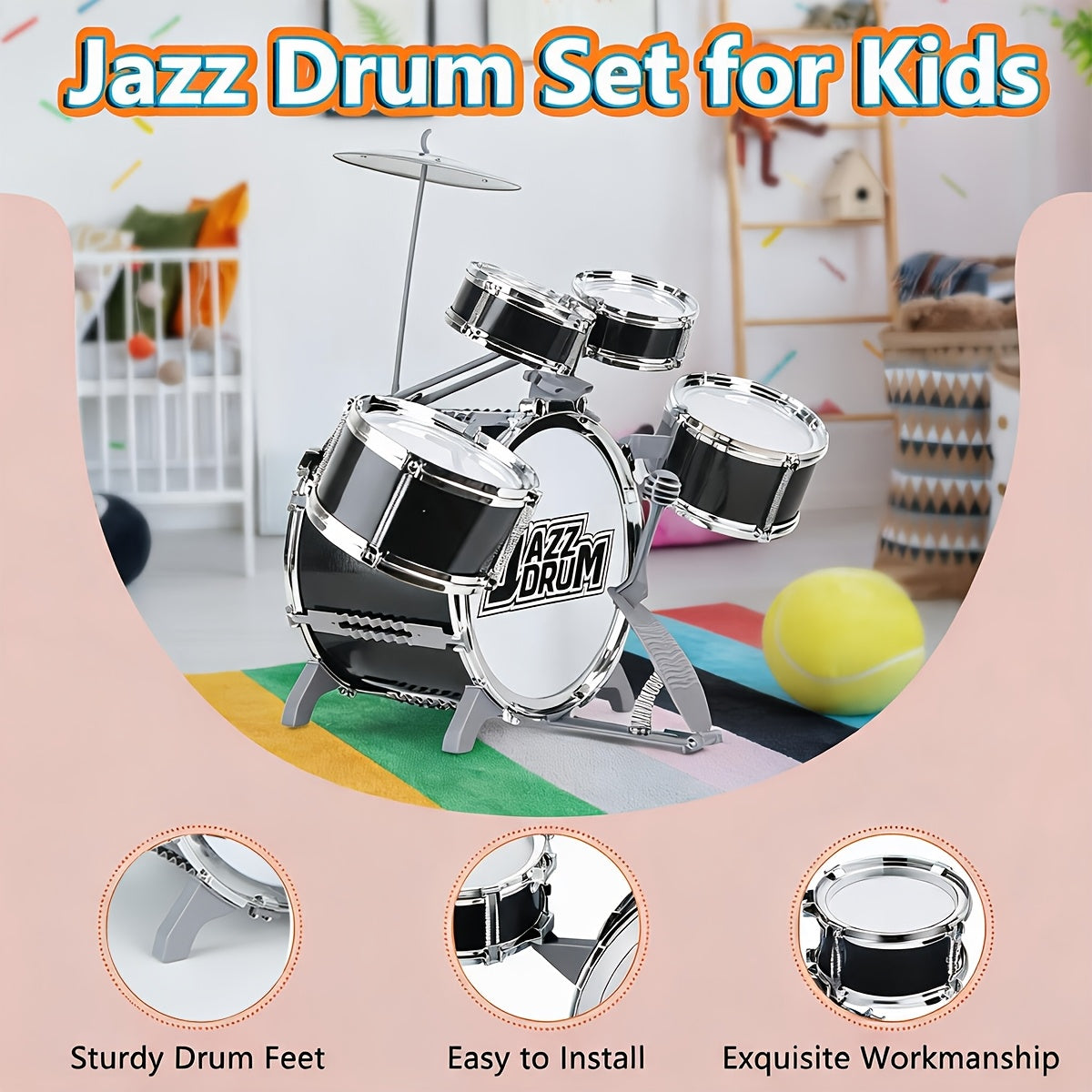 Kids Drum Set with Chair for Toddlers Ages 3-5 - Children's Musical Instrument Toy, Birthday Christmas Gift for Boys & Girls, Black & Deep Blue