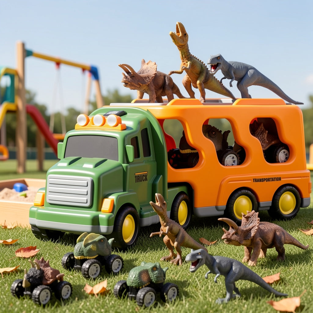 7-in-1 Dinosaur Transport Truck Toy Set with 3 Dino Figures 3 Monster Cars Lights Sounds Friction Push Go for Kids Boys Girls Ages 3 4 5 Birthday Christmas