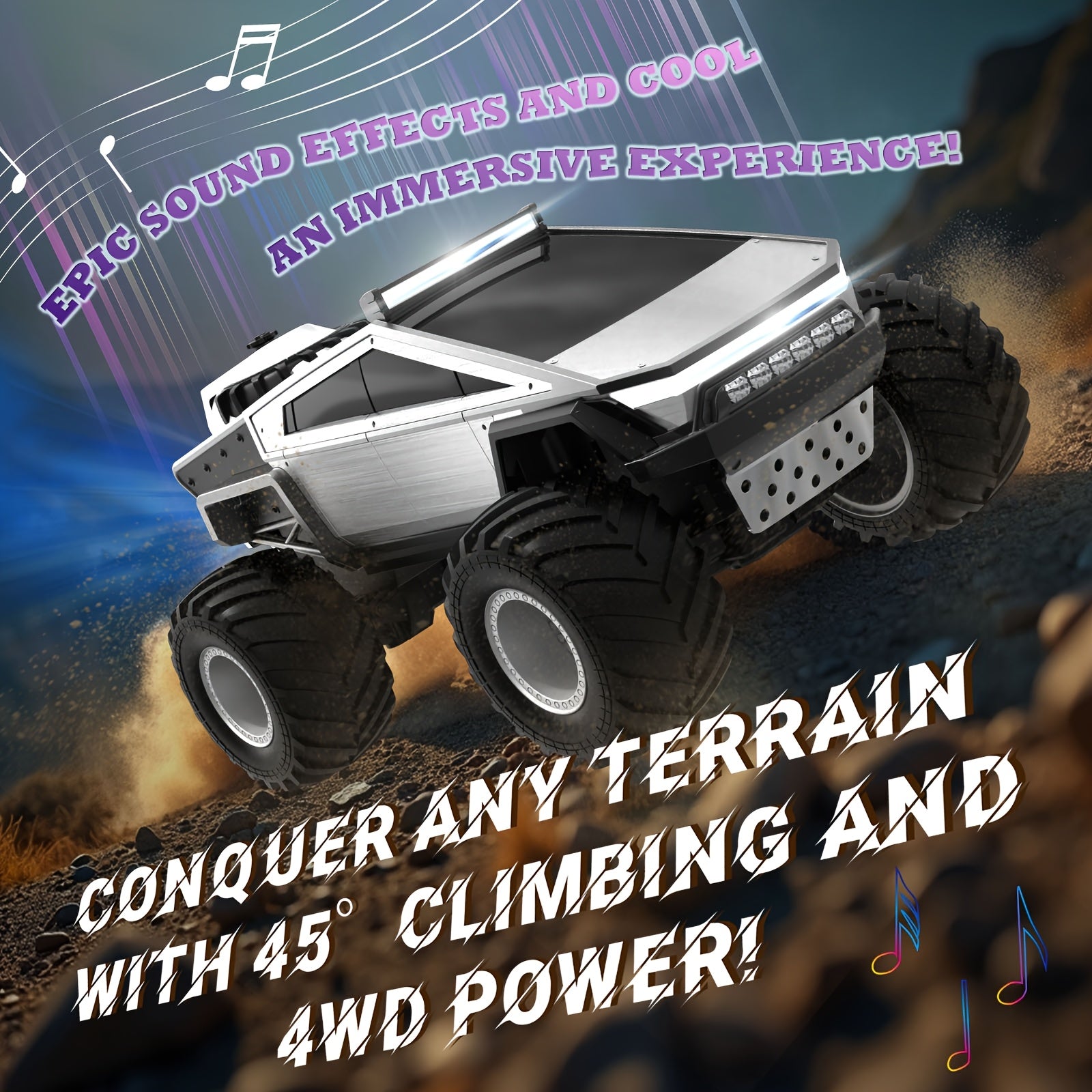 1:12 RC Monster Truck 4WD All-Terrain 2.4GHz Remote Control Car LED Lights Sound Music Ergonomic Grip Cybertruck Pickup Style Off-Road Kids Boys Birthday Christmas Gift