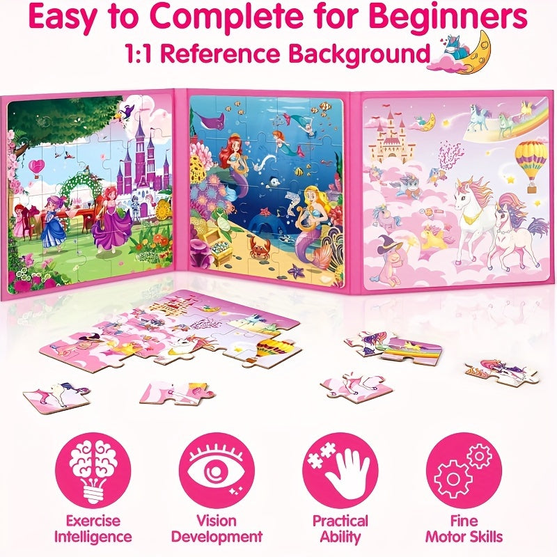 Magnetic Puzzle Book for Girls Ages 3 4 5 6 Unicorn Mermaid Princess 20pcs Travel Toy Toddler Busy Book Car Airplane Road Trip - Birthday Gift