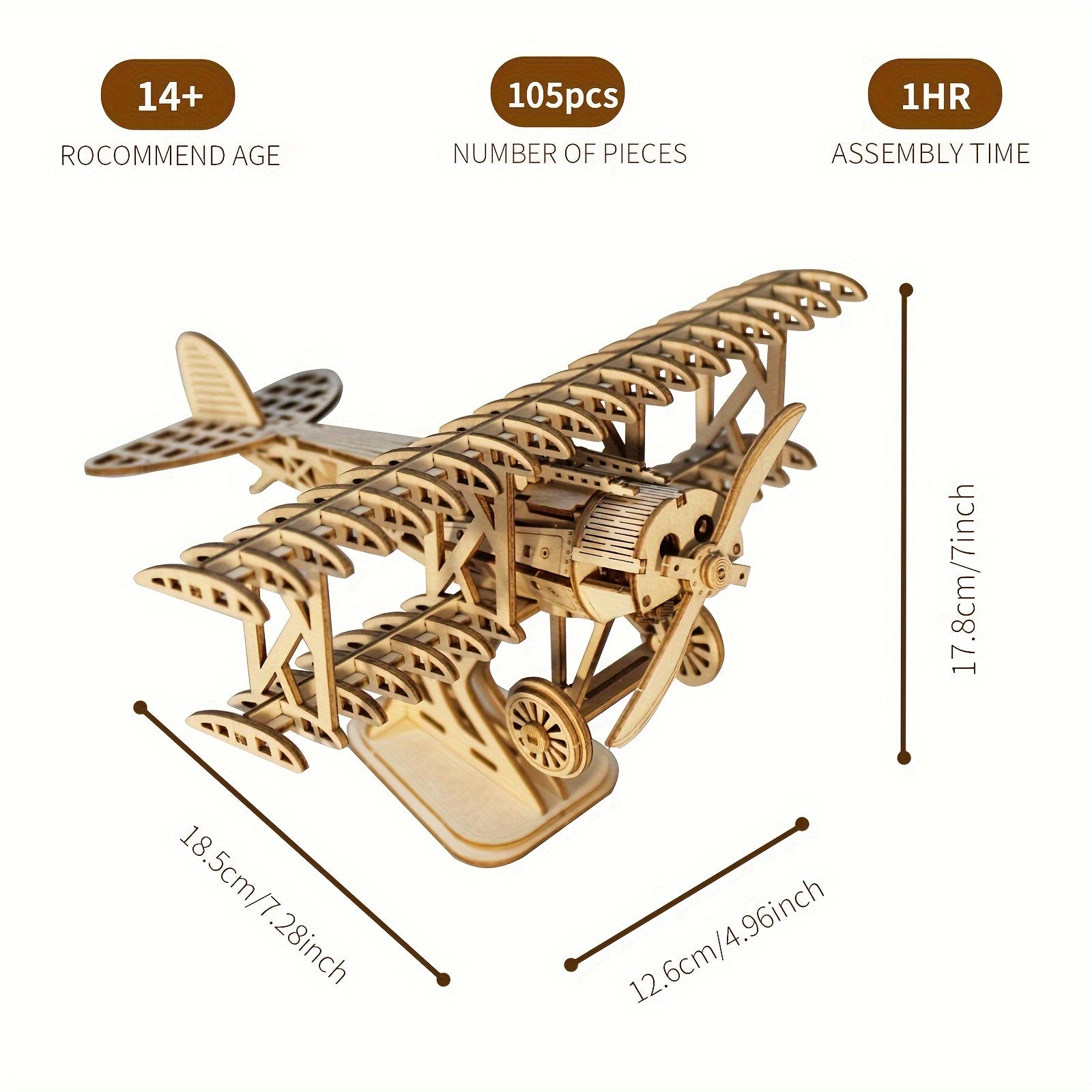 3D Wooden Puzzle Bi-Plane Model Kit – DIY Wood Craft Biplane Building Set, Handmade Gift for Kids Teens Adults, Christmas Birthday Gift