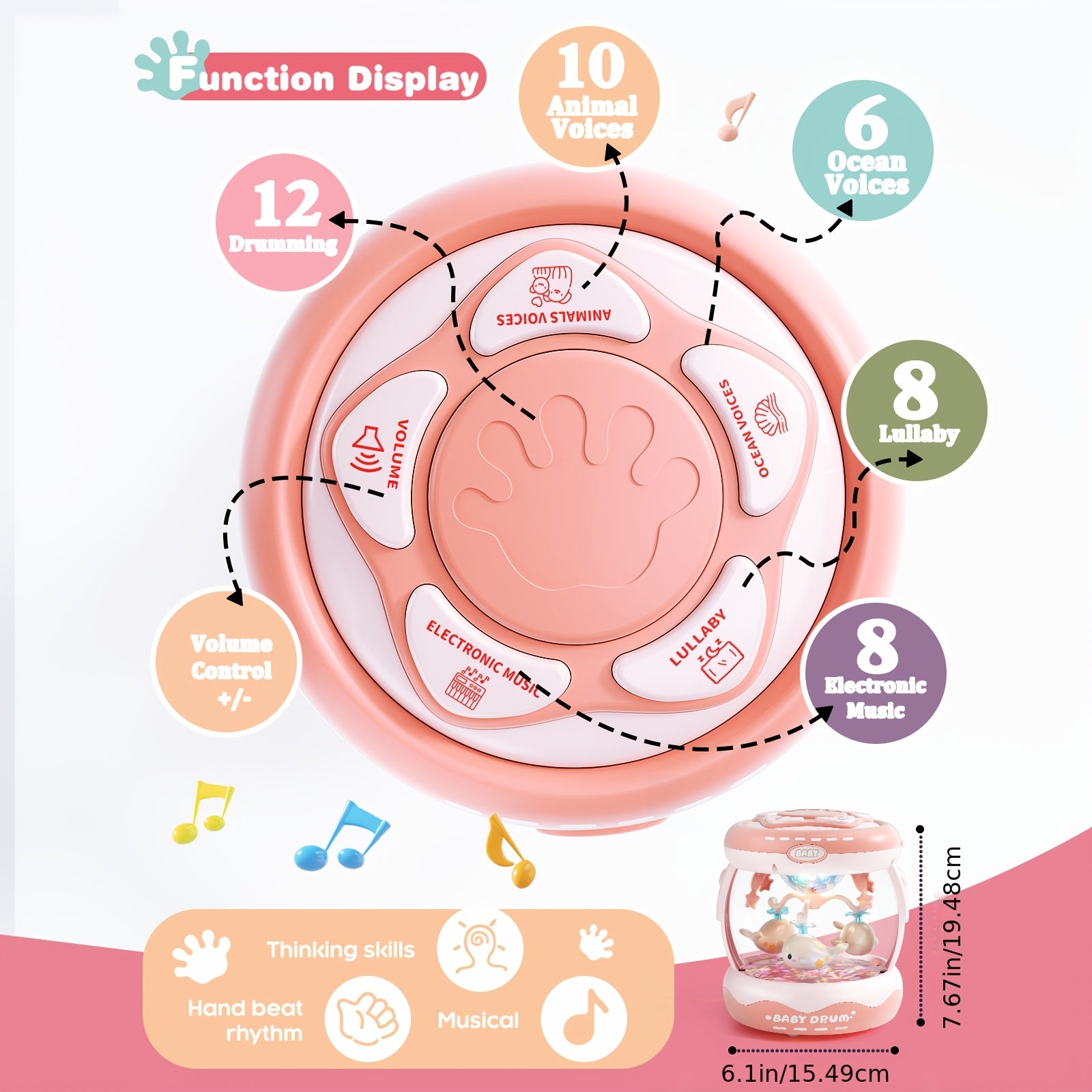 JOVOW Baby Rotating Projector Music Toy for 3 Months+ – Interactive Animal Sounds & Music, Multi-Functional Sensory Learning Toy for Infant Boys Girls, Party Music, Skills Development, Pink & Blue