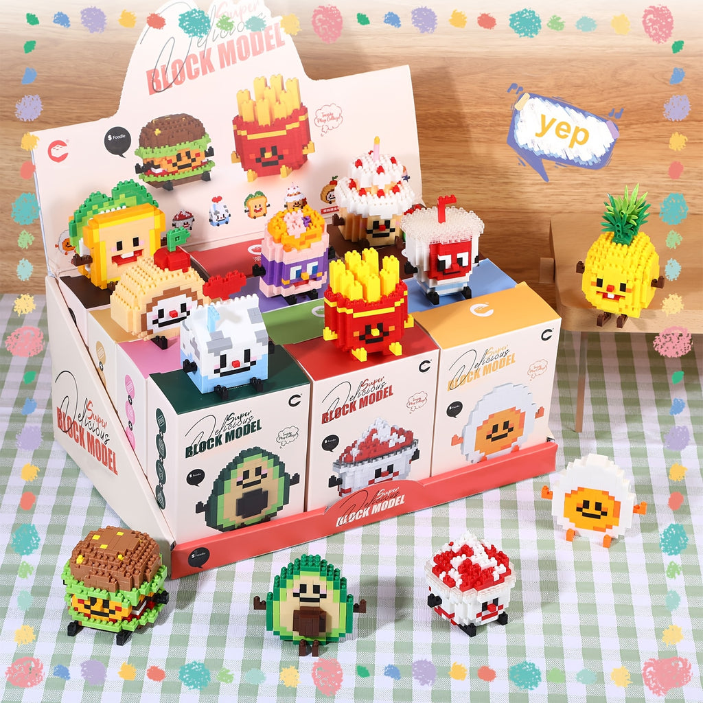 Cartoon Food Building Block Puzzle 12 Sets Gift Box - Cute Mini Food Figures for Kids Ages 3+, Party Favors Classroom Prizes Collectibles, Christmas Birthday Easter Gift for Boys Girls