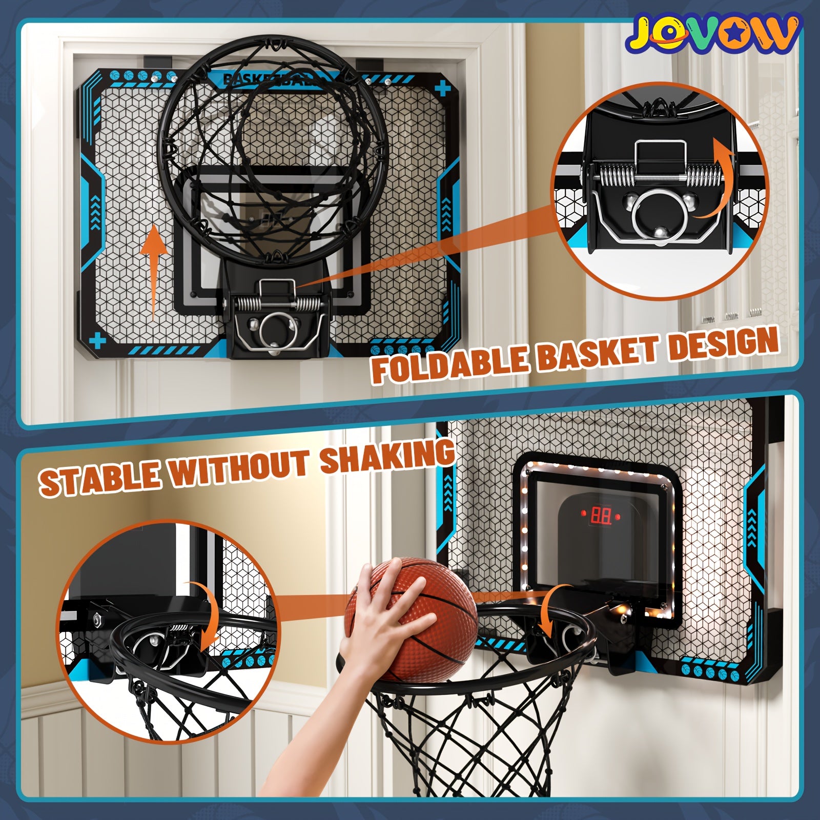 Kids Basketball Hoop Set with LED Lights Electronic Scoreboard 4 Balls Door Stand Indoor Outdoor Sports Toy for Boys Girls - Birthday Christmas Gift