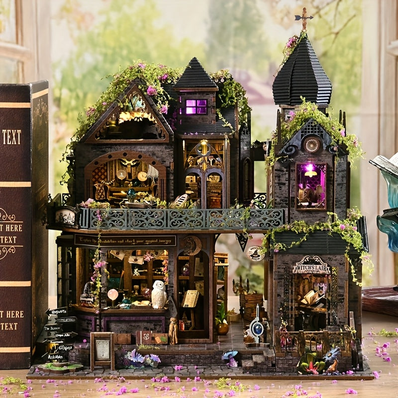 3D Wooden Puzzle Magic Castle Model Kit with LED Light – Adult Puzzle Assembly Decoration Owl Flowers Bookshelf Gift for Teens Adults