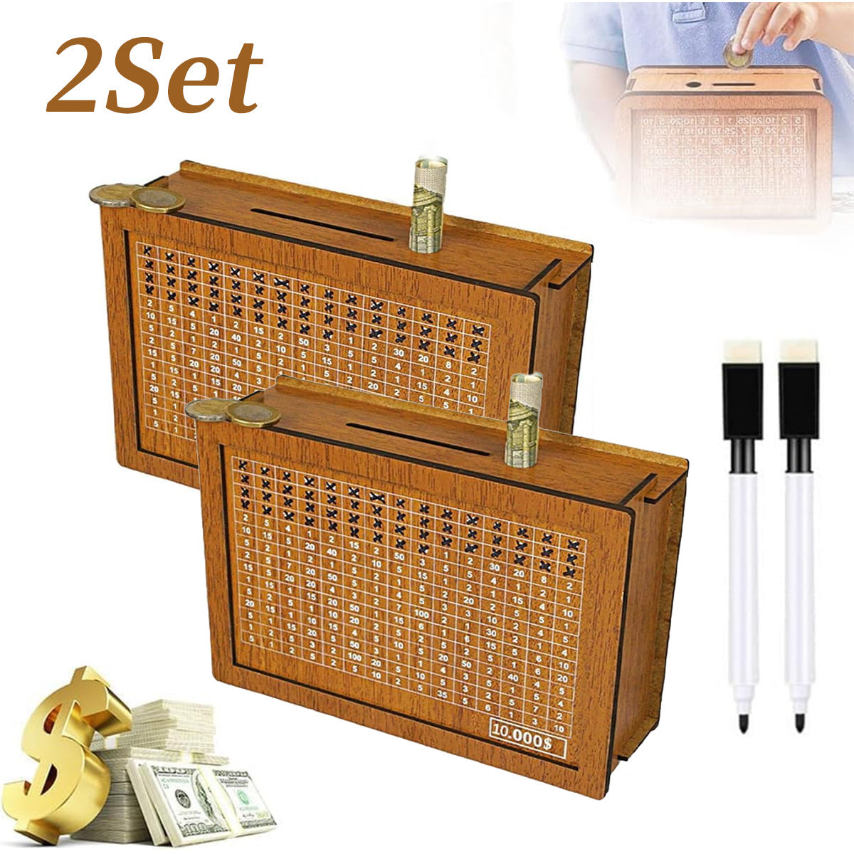 Wooden Savings Bank with Digital Counter 2 Sets – 7.87x5.7 Inch Coin Bank Holds $10,000 Adult Savings Goal Piggy Bank Gift for Friends Family