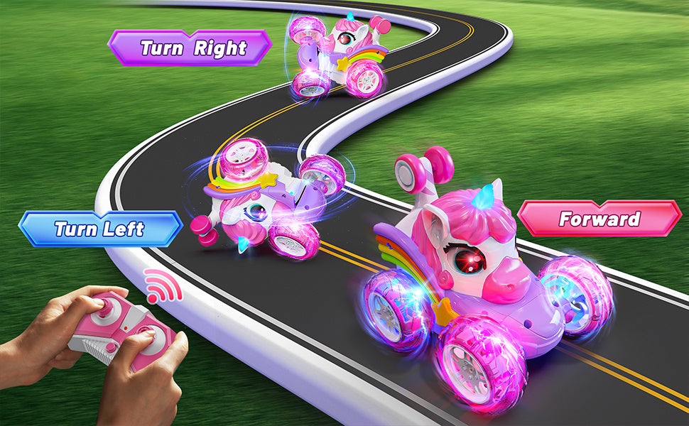Unicorn RC Car for Girls 360 Degree Stunt Remote Control Car 4WD Rechargeable LED Lights Indoor Outdoor Toy Kids Halloween Christmas Birthday New Year Gift