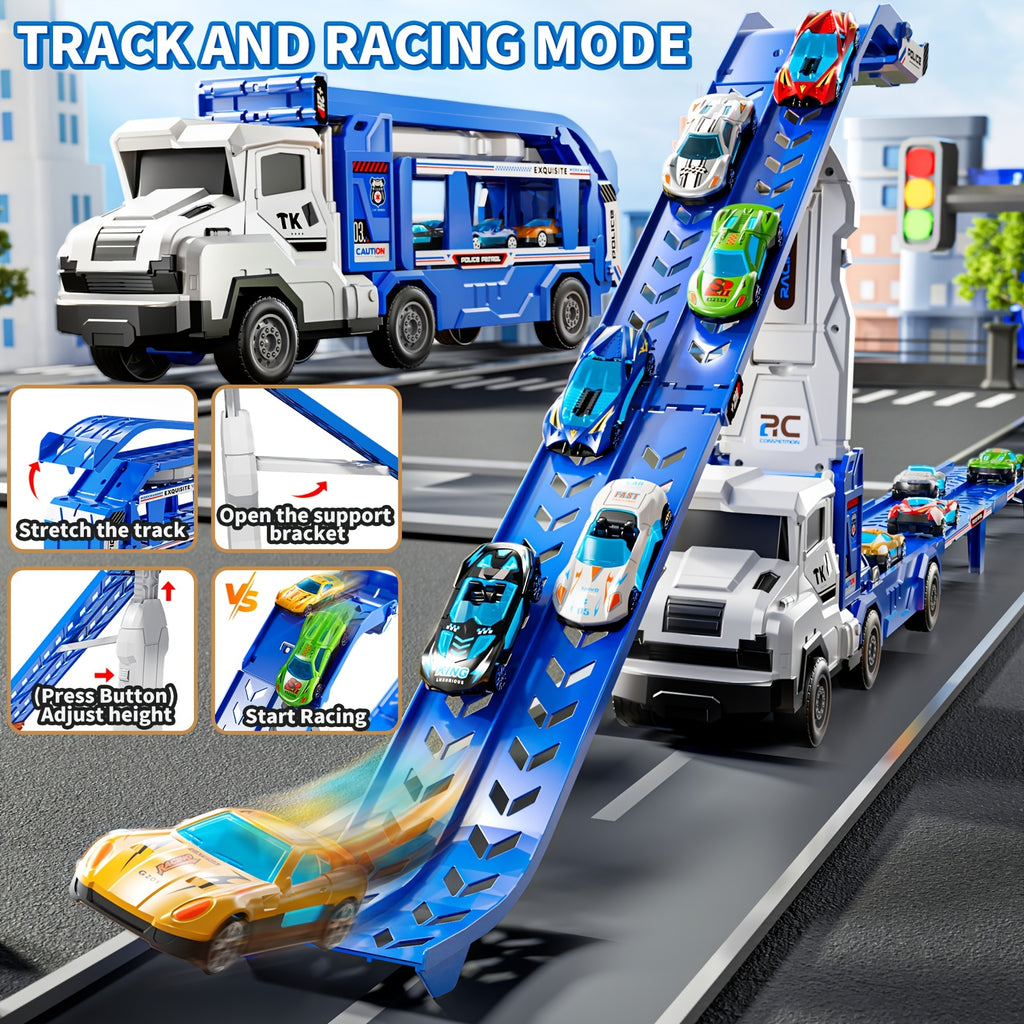 3-in-1 Kids Carrier Truck Toy with Car Tracks, 12 Racing Cars, Foldable Race Track & Garage – Toddler Birthday Gift for Boys Girls Ages 3+, Blue