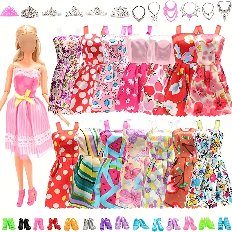 Doll Clothes & Accessories Set 42pcs for 11 Inch Dolls – 10 Dresses 10 Shoes 6 Necklaces 6 Crowns 5 Glasses & Hangers Fashion Wardrobe Gift for Girls Birthday Christmas