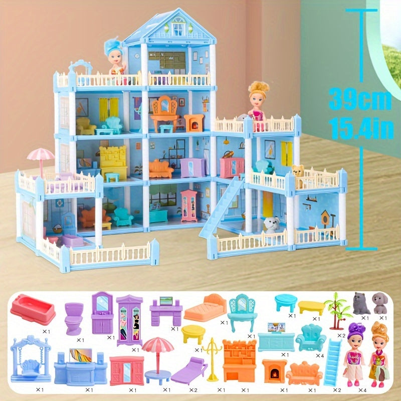 Dollhouse Princess Castle with Furniture – 11 to 27 Room Doll Villa Play Set for Girls Logical Thinking Toy Birthday Christmas Gift Kids Ages 3+ Pink Blue