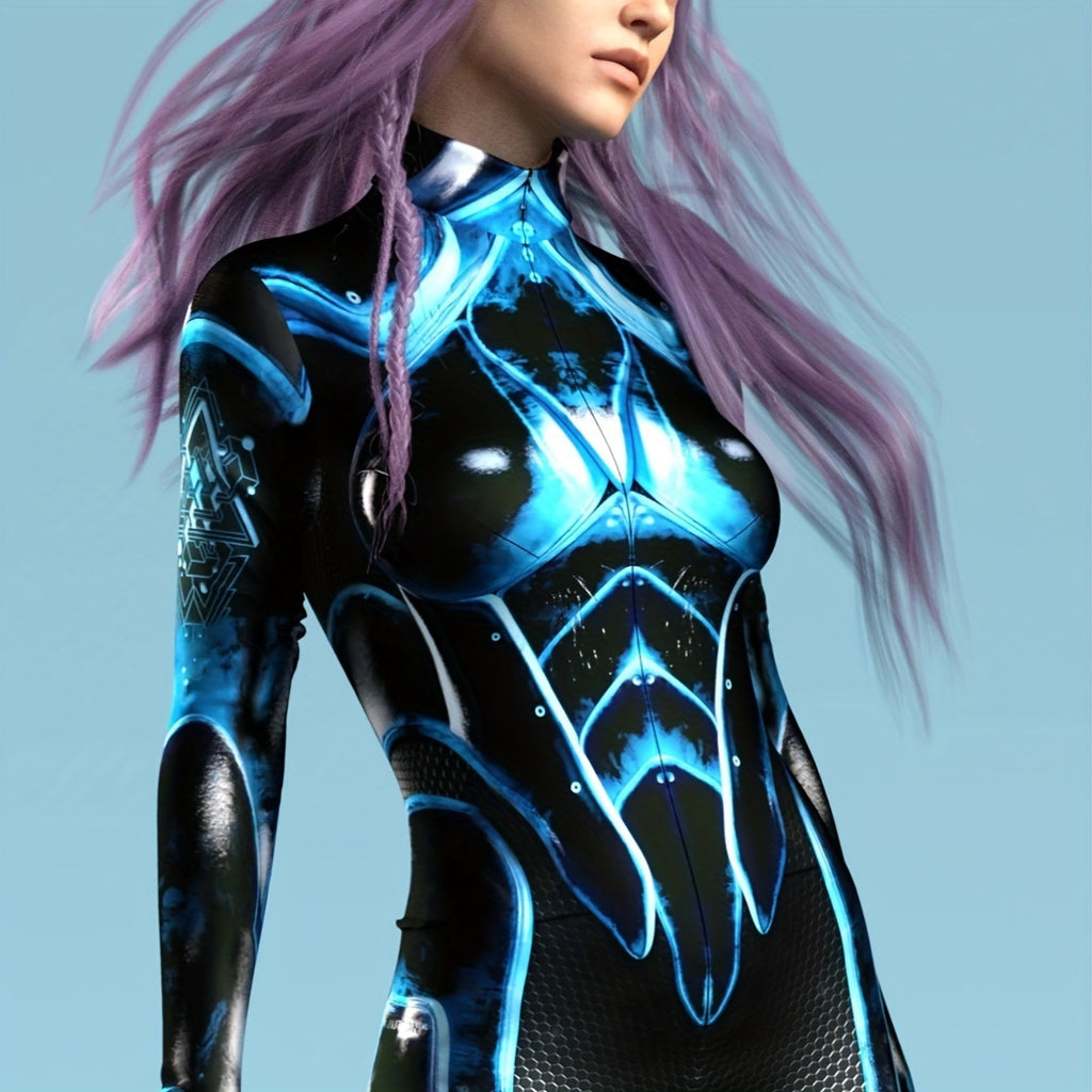 Halloween Mecha Jumpsuit Sci-Fi Futuristic Blue & Black High-Gloss Zippered Bodysuit Costume for Adults