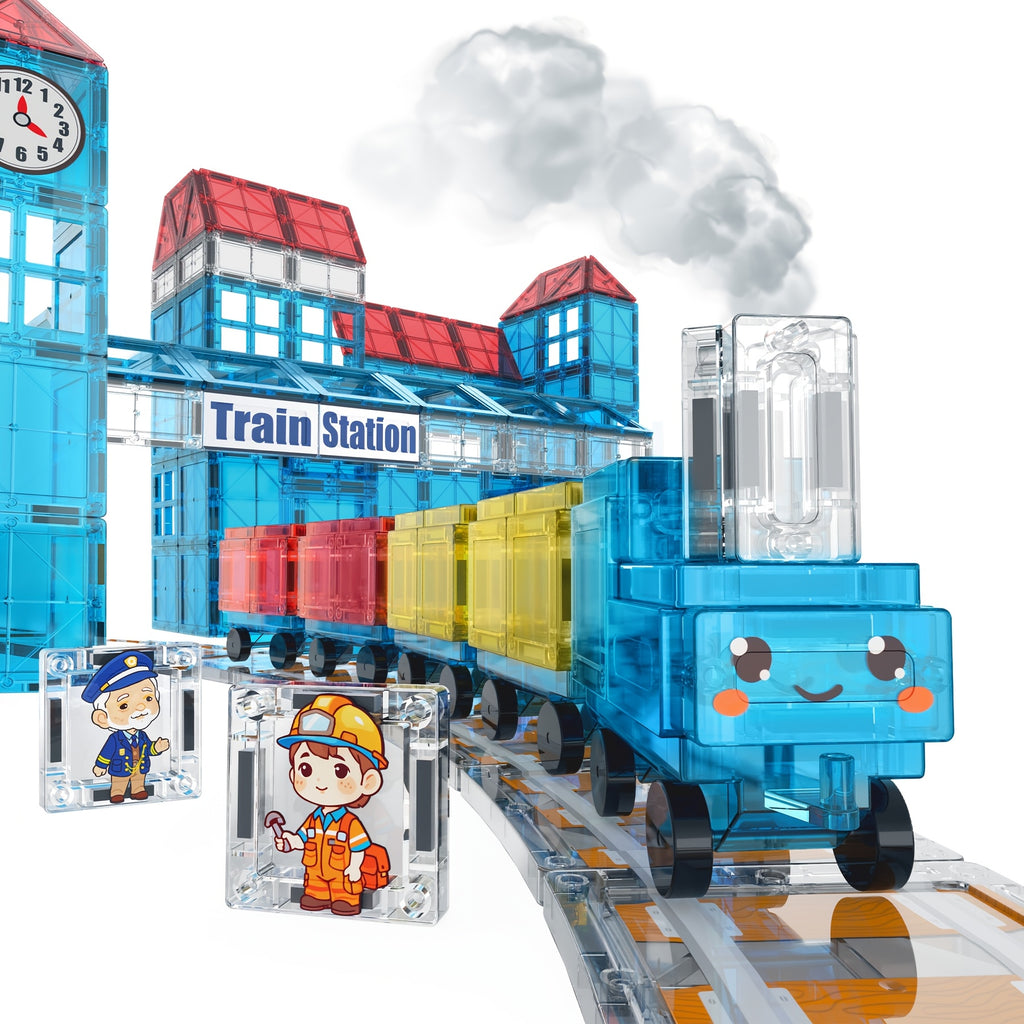 Magnetic Train Station Building Set 60pcs with Railway Tracks Train Clock Tower Trees STEM Educational Toy for Toddlers Kids Ages 3 4 5 6 - Gift