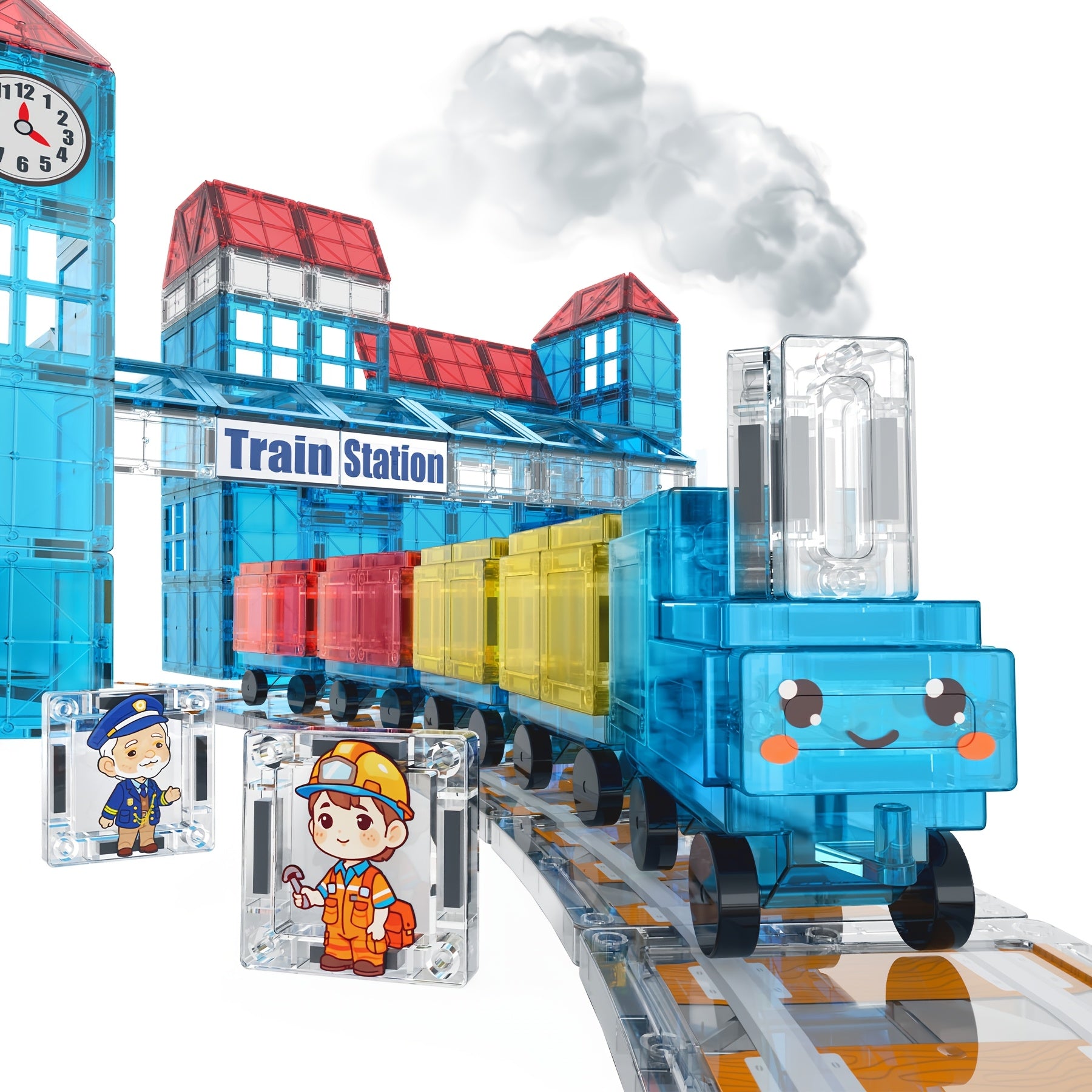 Magnetic Train Station Building Set 60pcs with Railway Tracks Train Clock Tower Trees STEM Educational Toy for Toddlers Kids Ages 3 4 5 6 - Gift