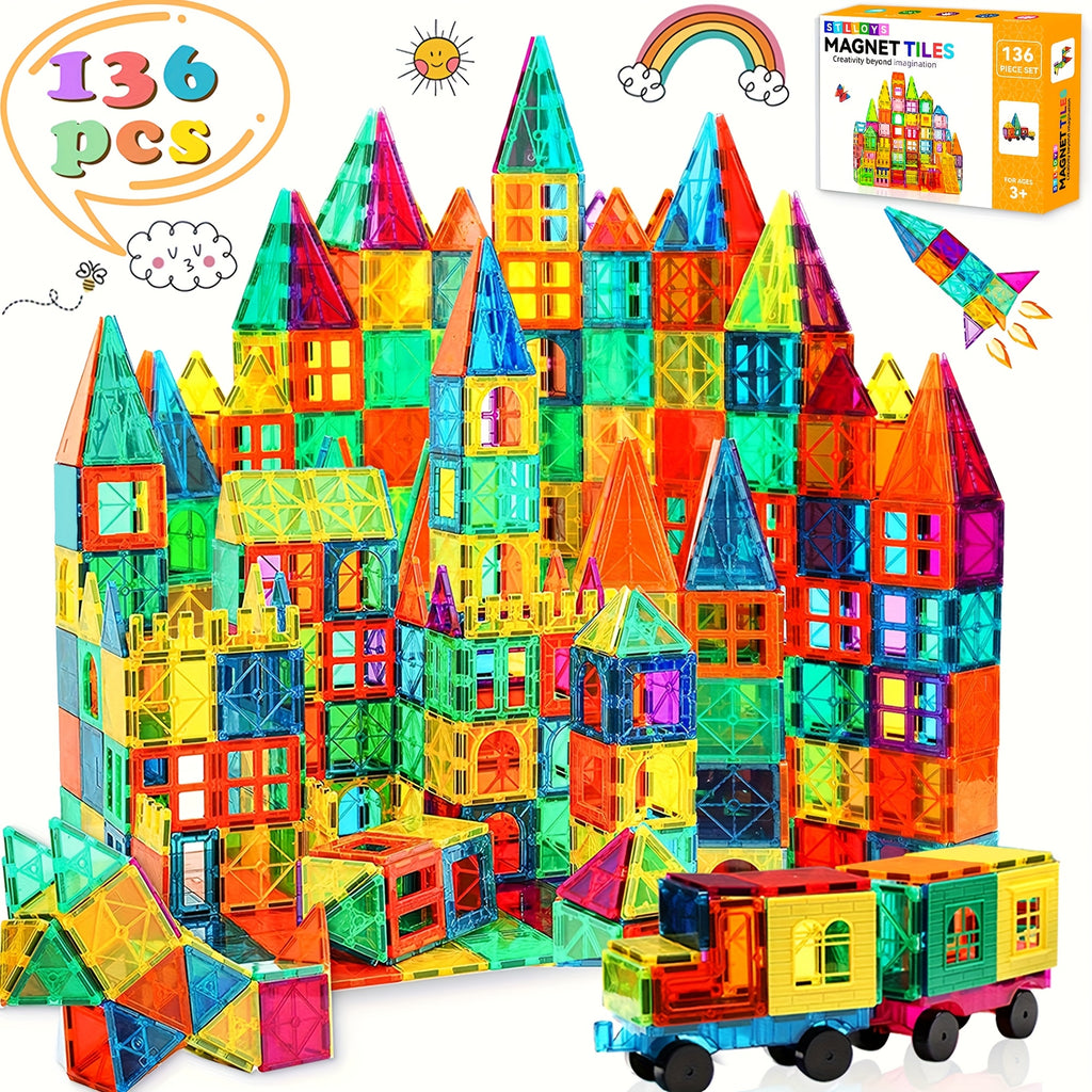 Magnetic Tiles with Cars 106pcs 136pcs STEM Magnet Construction Building Toy for Kids Boys & Girls Ages 3-9 - Birthday Gift
