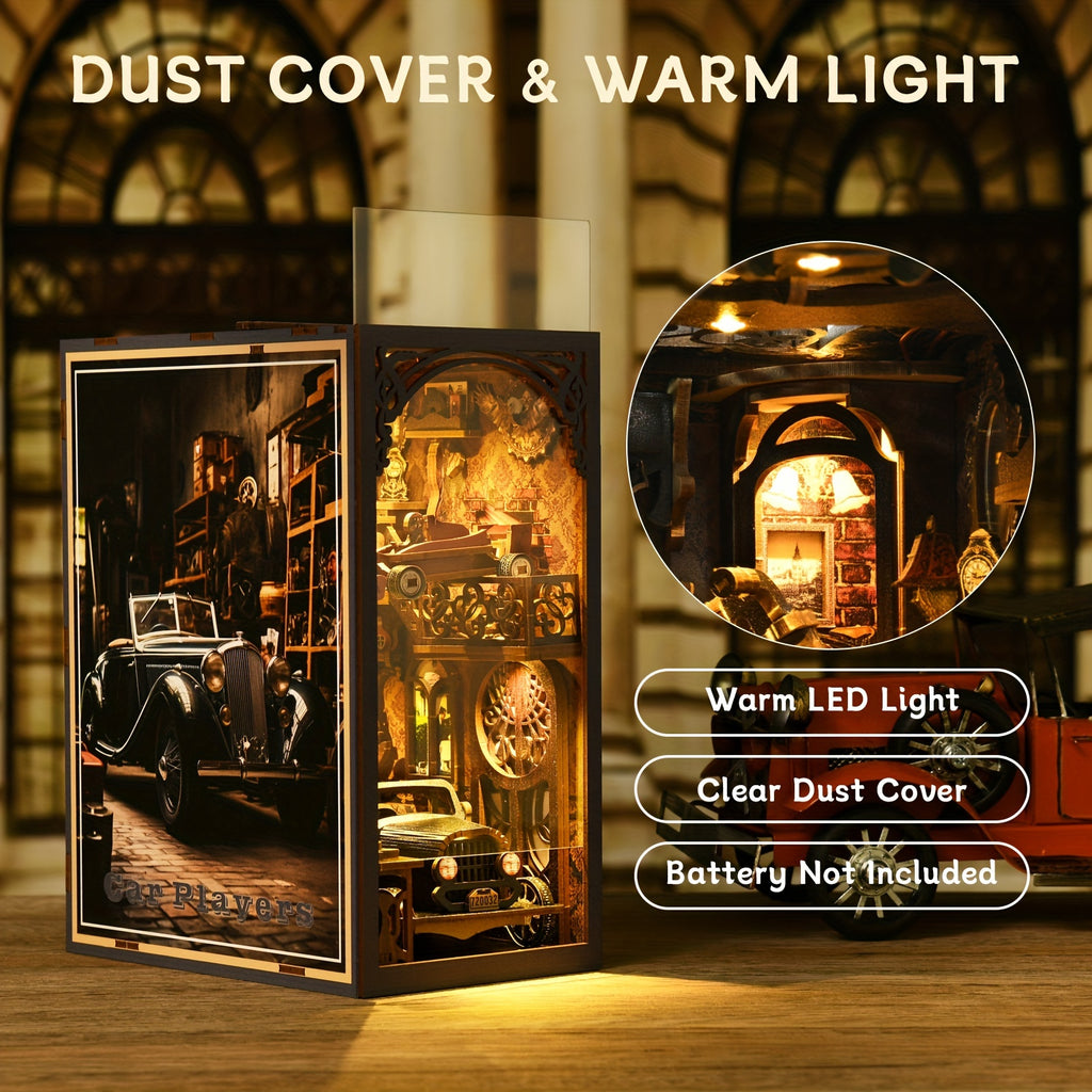 DIY Book Nook Miniature Kit with LED – Car Players 3D Wooden Puzzle Bookshelf Insert Decor Vintage Alley Bookend Model Building Set Birthday Gift Home Room Decor