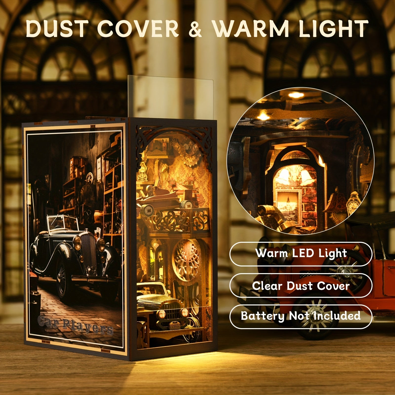 DIY Book Nook Miniature Kit with LED – Car Players 3D Wooden Puzzle Bookshelf Insert Decor Vintage Alley Bookend Model Building Set Birthday Gift Home Room Decor