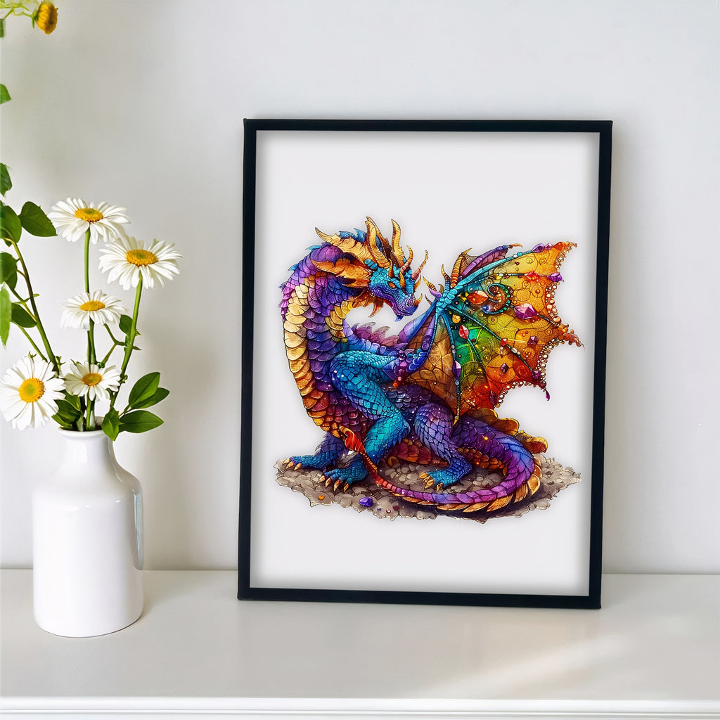 Dragon Wooden Jigsaw Puzzle Irregular Animal Shaped – Colorful Fantasy Gemstone Design, Unique Non-Repetitive Pieces, Brain Teaser Gift for Adults Kids, Home Decor Family Game S/M/L