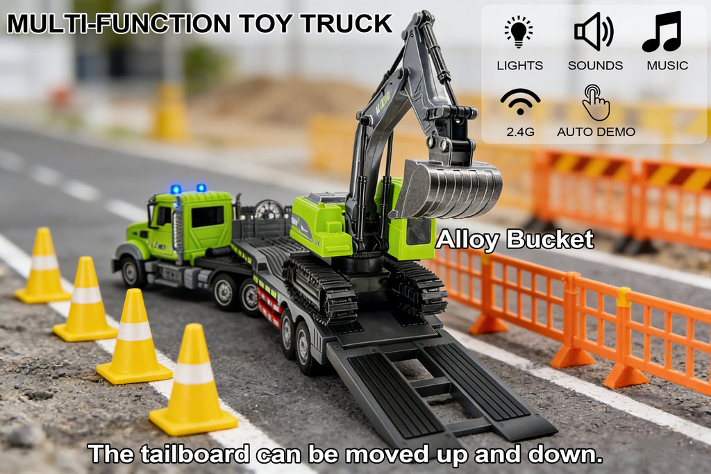 RC Semi Truck with Flatbed Trailer & Alloy Excavator 1:12 Scale 11-Channel - Construction Vehicle Set with Lights Sound, Engineering Toy Gift for Boys Ages 3+