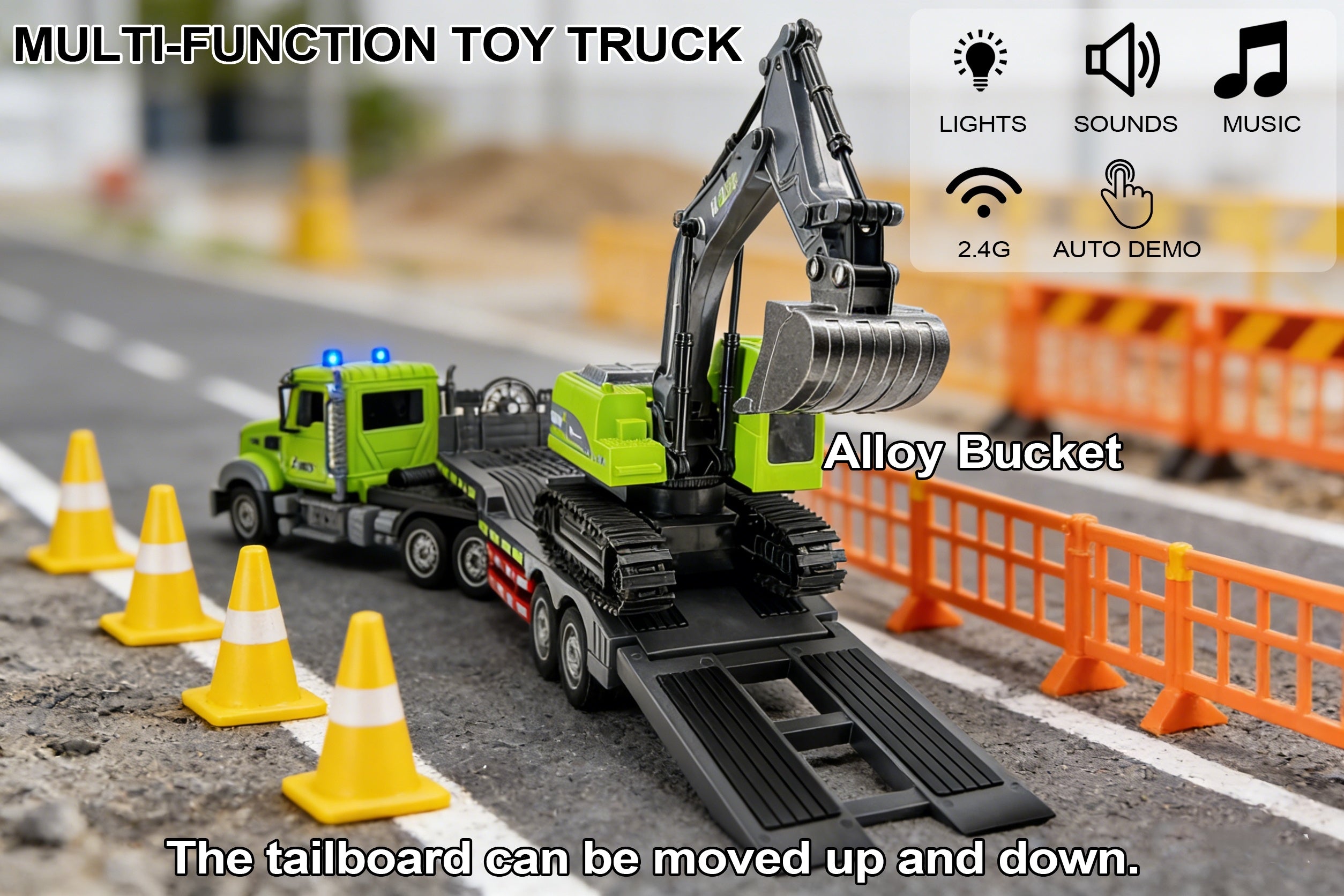 RC Semi Truck with Flatbed Trailer & Alloy Excavator 1:12 Scale 11-Channel - Construction Vehicle Set with Lights Sound, Engineering Toy Gift for Boys Ages 3+