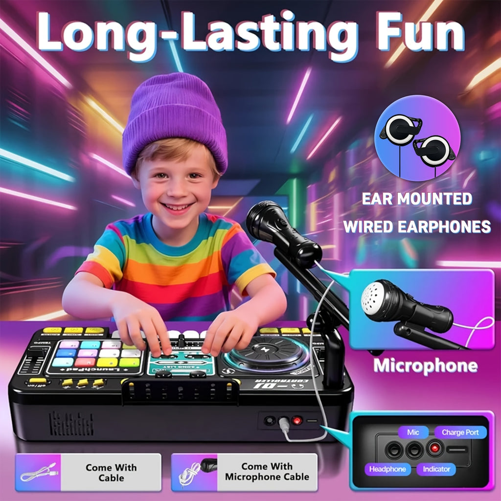 Kids DJ Mixer Toy Set with LED Lights Microphone Piano Keys 100+ Sound Effects Rechargeable Interactive Music Controller for Boys Girls Birthday Gift