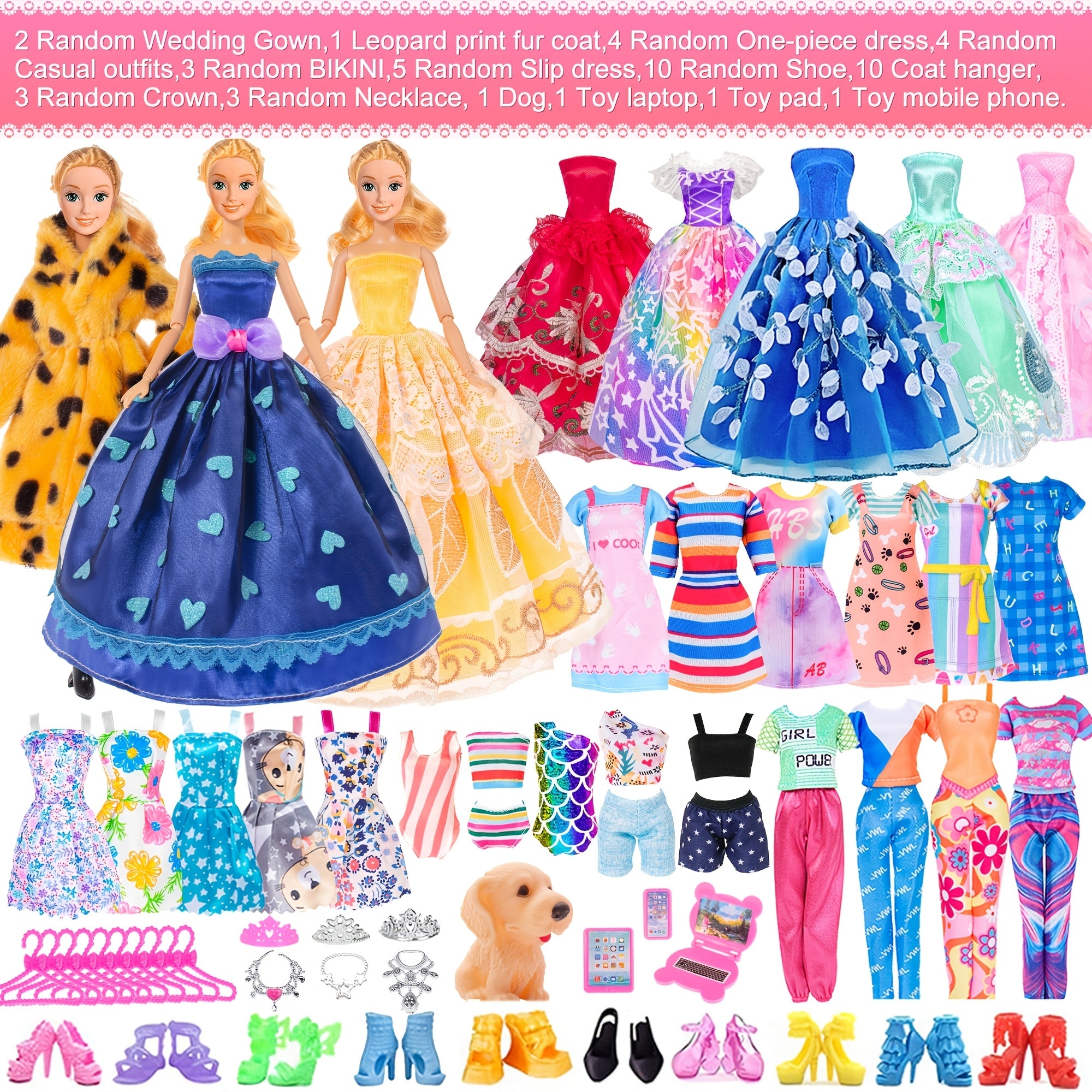 47pcs Fashion Doll Set 11.5 Inch with Fur Coat, Princess Gowns, Dresses, Shoes, Dog & Crowns – Complete Doll & Clothes Gift for Girls Ages 4-12, Mix & Match Wardrobe Included
