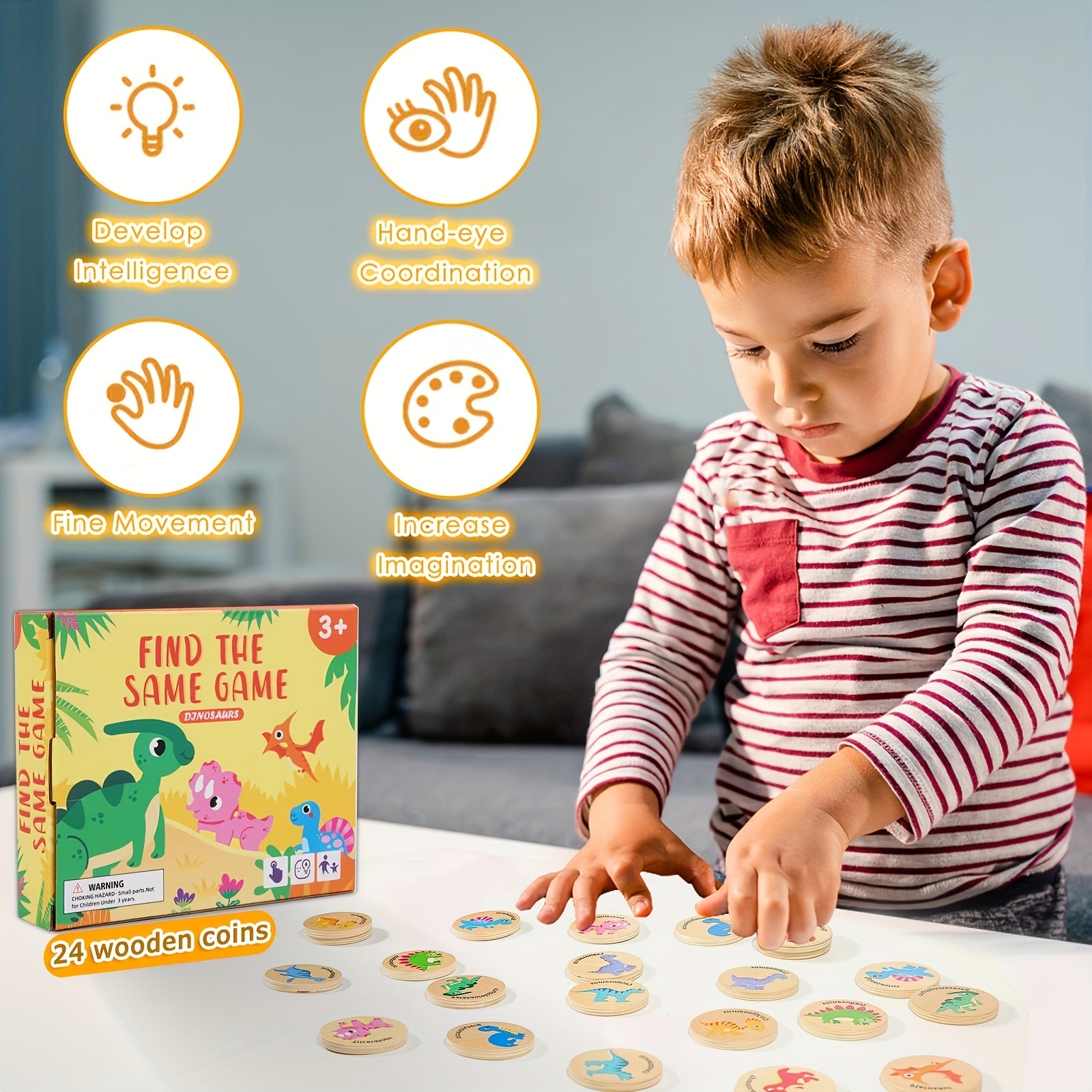 Memory Matching Game for Kids 24 Pieces Wooden Match Cards - Dinosaur Marine Vehicle & Food Themes, Educational Preschool Concentration Card Game, Toddler Learning Toy Gift for Boys Girls Ages 3+