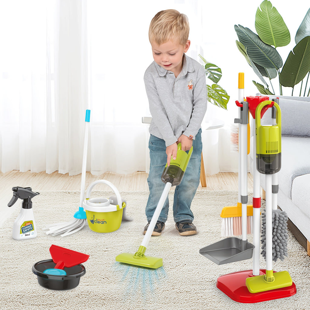 Kids Pretend Play Cleaning Toy Set with Electric Vacuum Cleaner Broom Dustpan Mop & Duster – Home Cleaning Playset for Toddlers Boys & Girls Birthday Gift