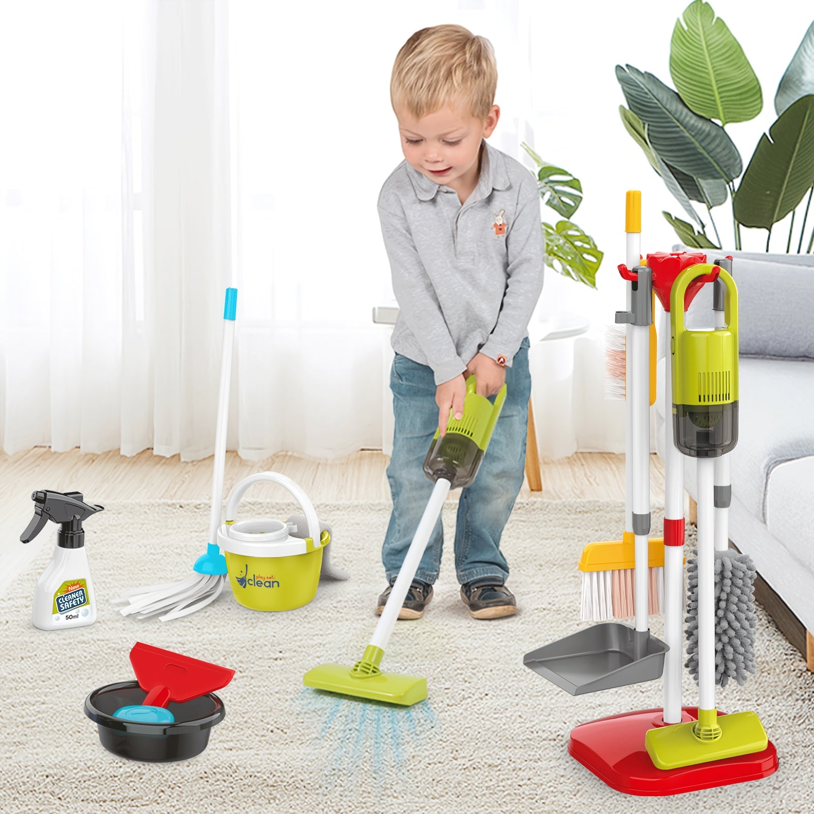 Kids Pretend Play Cleaning Toy Set with Electric Vacuum Cleaner Broom Dustpan Mop & Duster – Home Cleaning Playset for Toddlers Boys & Girls Birthday Gift