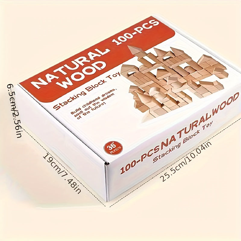Wooden Building Blocks for Kids 100 Piece Solid Beech Wood Set – Unpainted Natural Stacking Blocks Ages 3-12, STEM Logical Thinking Educational Toy, Montessori Castle Puzzle Gift Boys Girls