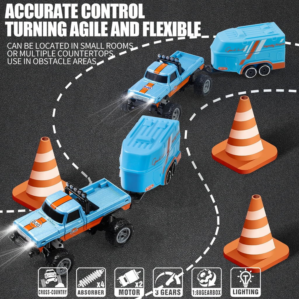 Mini RC Off-Road Truck 1/64 Scale Die-Cast with Trailer & Lights, 2.4GHz Rechargeable Climbing RC Car Adjustable Speed Pocket-Sized Palm Toy for Kids & Adults