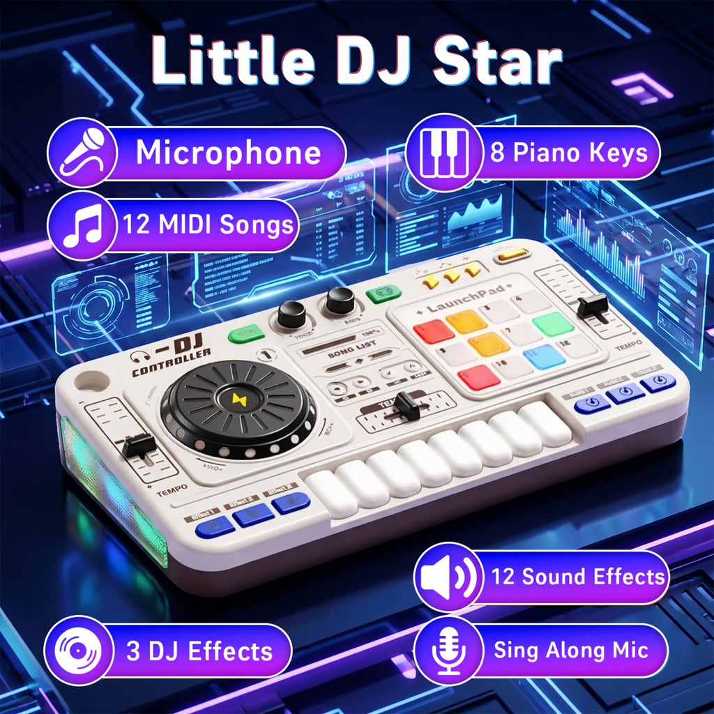 Kids DJ Mixer Toy Set with LED Lights Microphone Piano Keys 100+ Sound Effects Rechargeable Interactive Music Controller for Boys Girls Birthday Gift