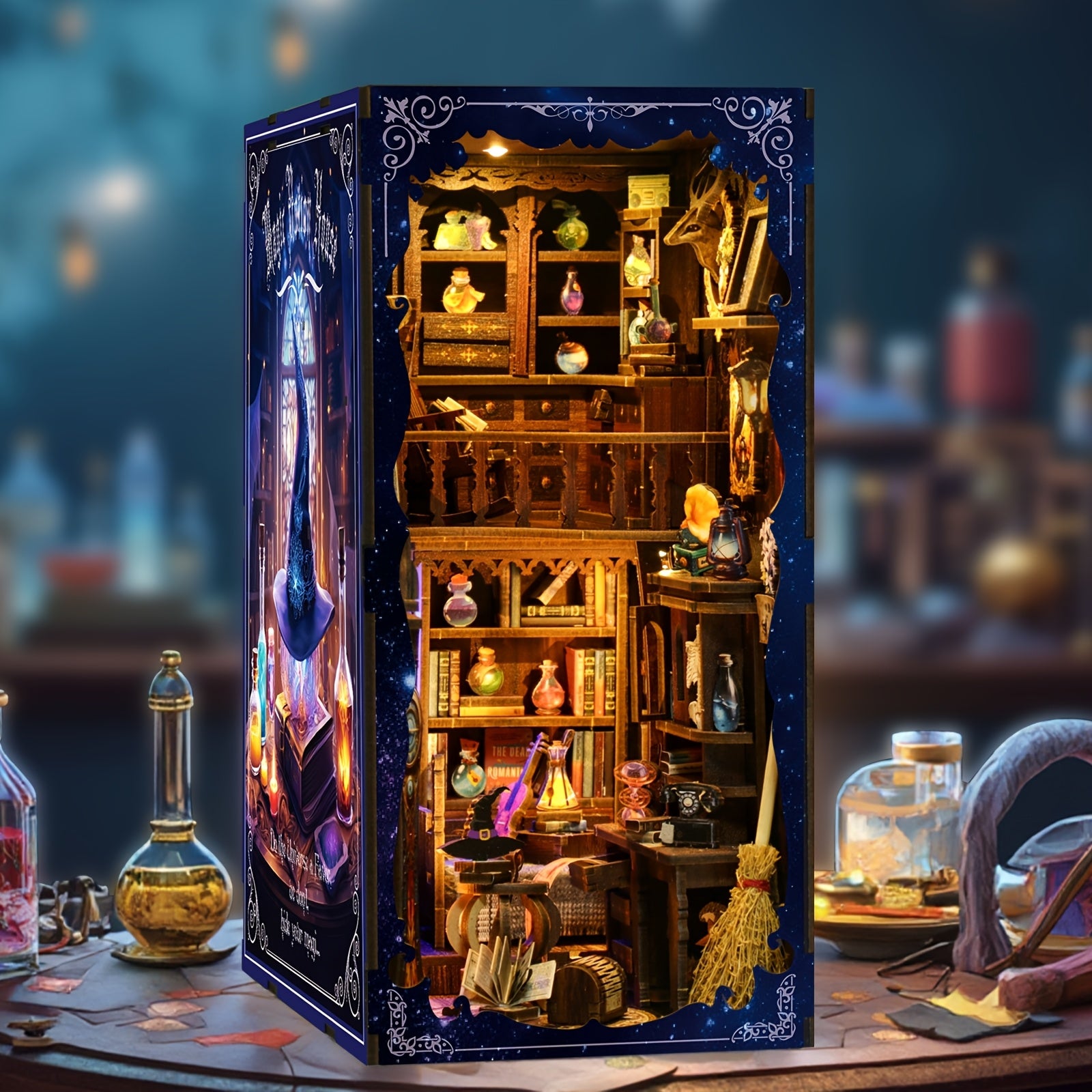 Book Nook Kit DIY Miniature House with LED Light – Magic House Wood Dollhouse Bookshelf Insert Puzzle, 334 Pieces, Gift for Teens and Adults