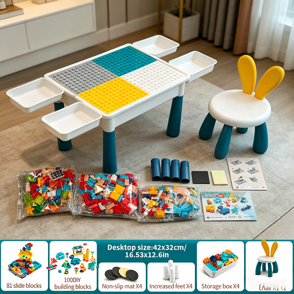 Kids Building Block Table Set with Chair and Storage 16.5x12.6 Inch LEGO Compatible Activity Desk for Boys Girls Ages 3 Plus - Birthday Christmas Gift