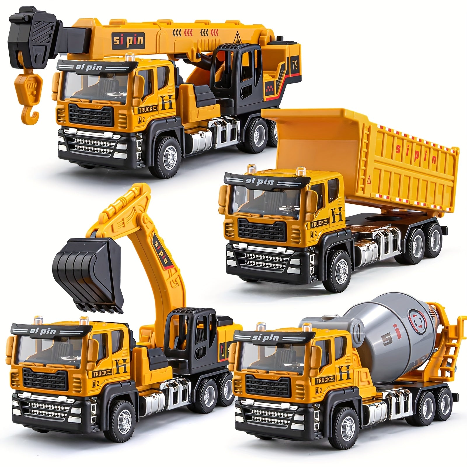 Alloy Construction Vehicles Set for Kids 5.8" – Metal Inertia Excavator Dump Truck Cement Mixer Crane Engineering Toy, No Battery Gift for Boys Ages 3+