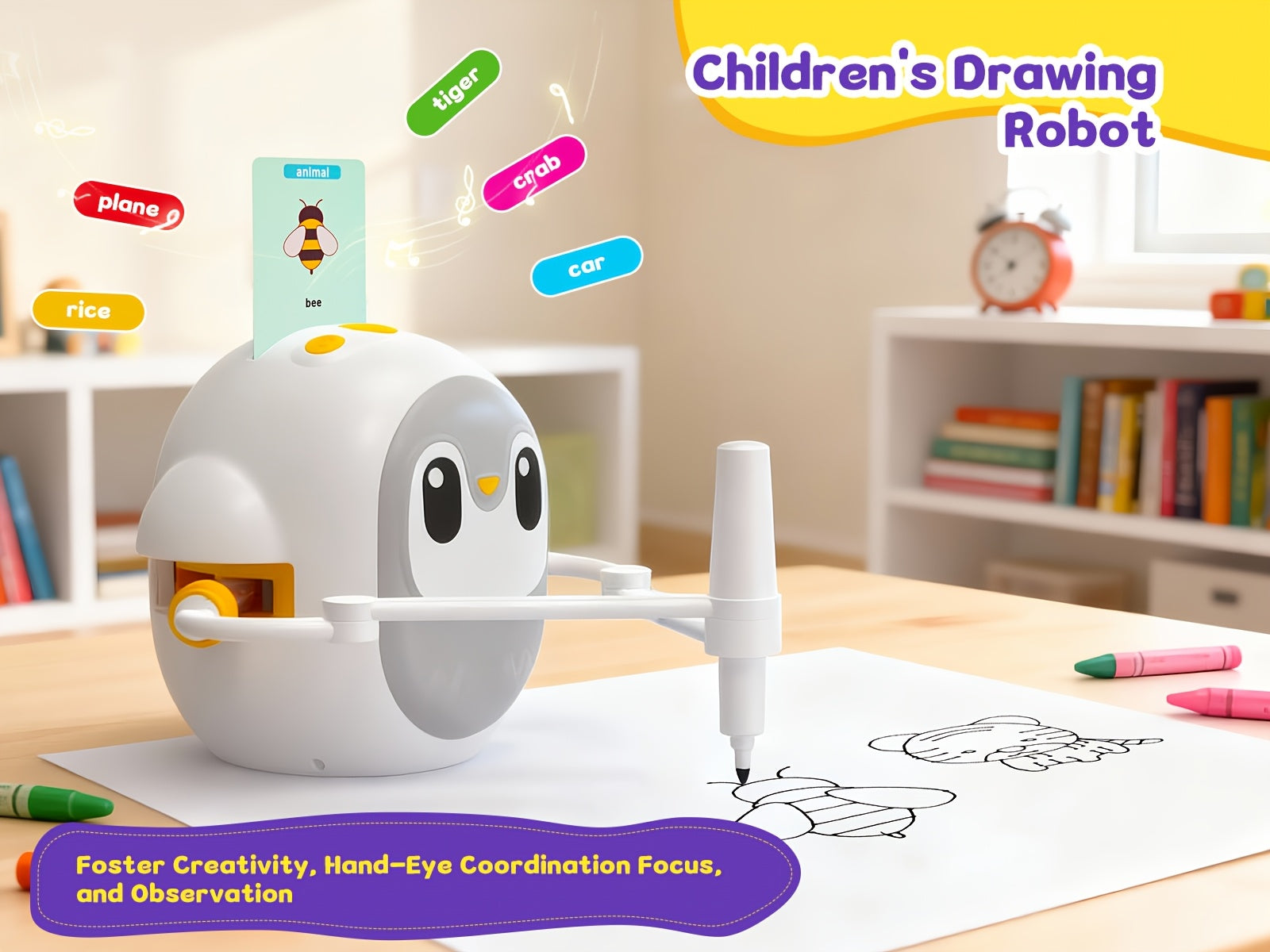 Drawing Robot for Kids with 200 Learning Cards & 12 Color Pens – Penguin Art Robot Toy, Interactive STEM Educational Drawing Toy for Boys Girls Ages 3+, USB Charging