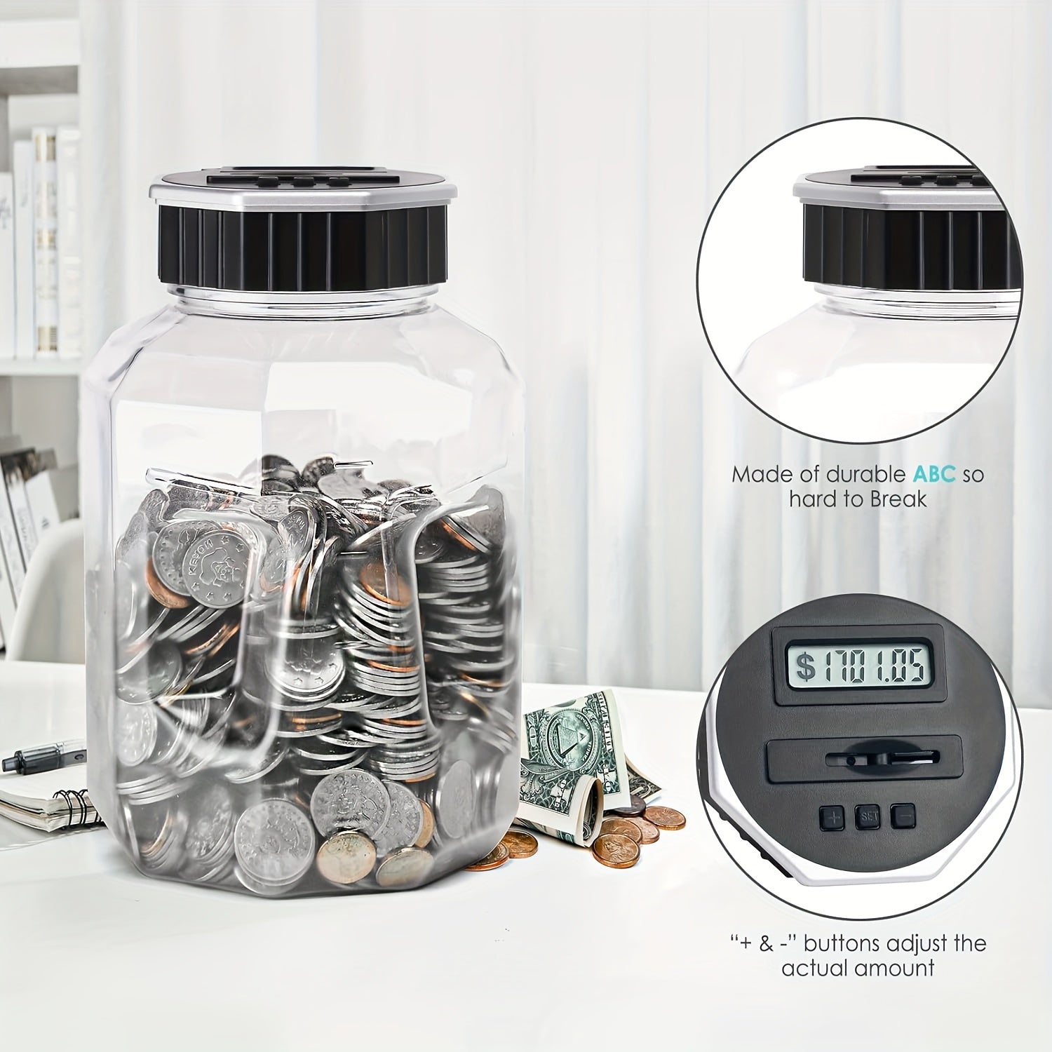 Digital Coin Counting Piggy Bank 2.4L LCD Counter – Extra-Large Transparent Acrylic Coin Jar That Counts Money – Savings Bank for Adults & Teens – Birthday, Christmas & Father's Day Gift