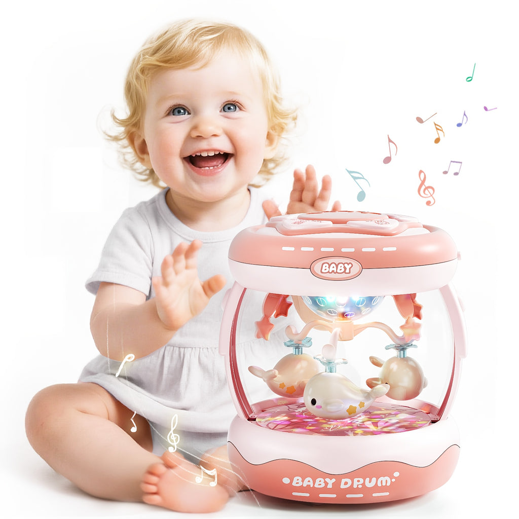 JOVOW Baby Rotating Projector Music Toy for 3 Months+ – Interactive Animal Sounds & Music, Multi-Functional Sensory Learning Toy for Infant Boys Girls, Party Music, Skills Development, Pink & Blue